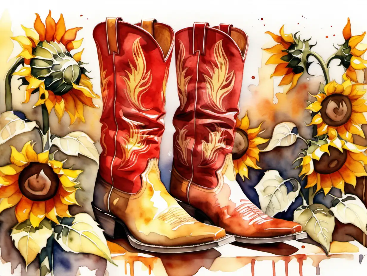 Generate a captivating watercolor-stylized image featuring the iconic elements of cowboy boots set against a backdrop of vibrant red and yellow sunflowers. Emphasize the fusion of rugged Western aesthetics with the delicate and fluid qualities of watercolor, bringing to life a harmonious composition that embodies the spirit of the countryside.