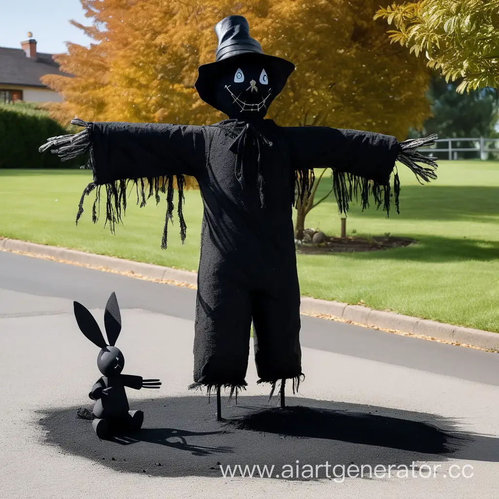 black scarecrow made of asphalt and next to it a rabbit