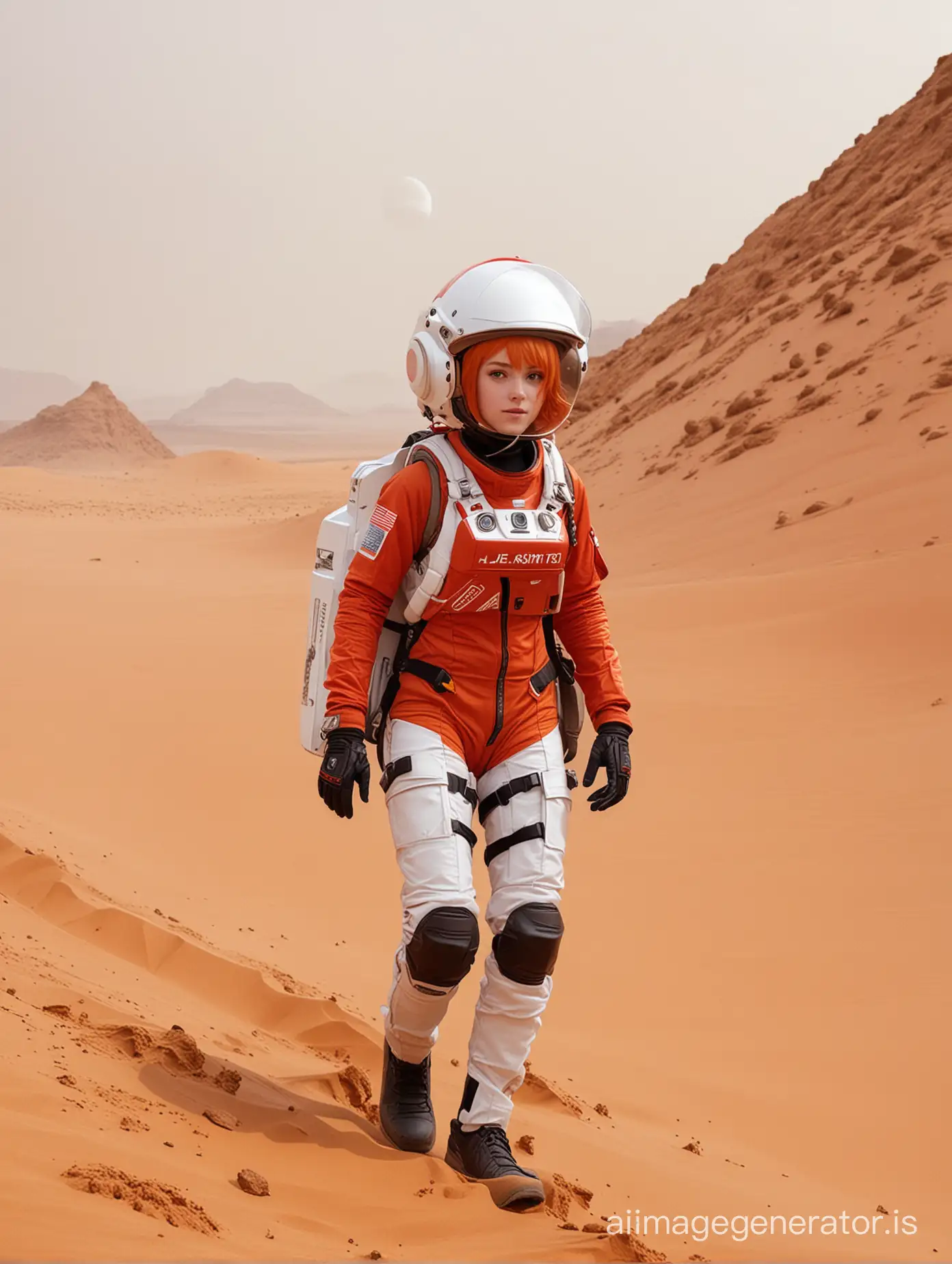 Short Orange haired anime girl, wearing a red spaceship, with a white helmet (clear visor) and white backpack, riding the curiosity rover across a martian sand dune. Sandstorm background.