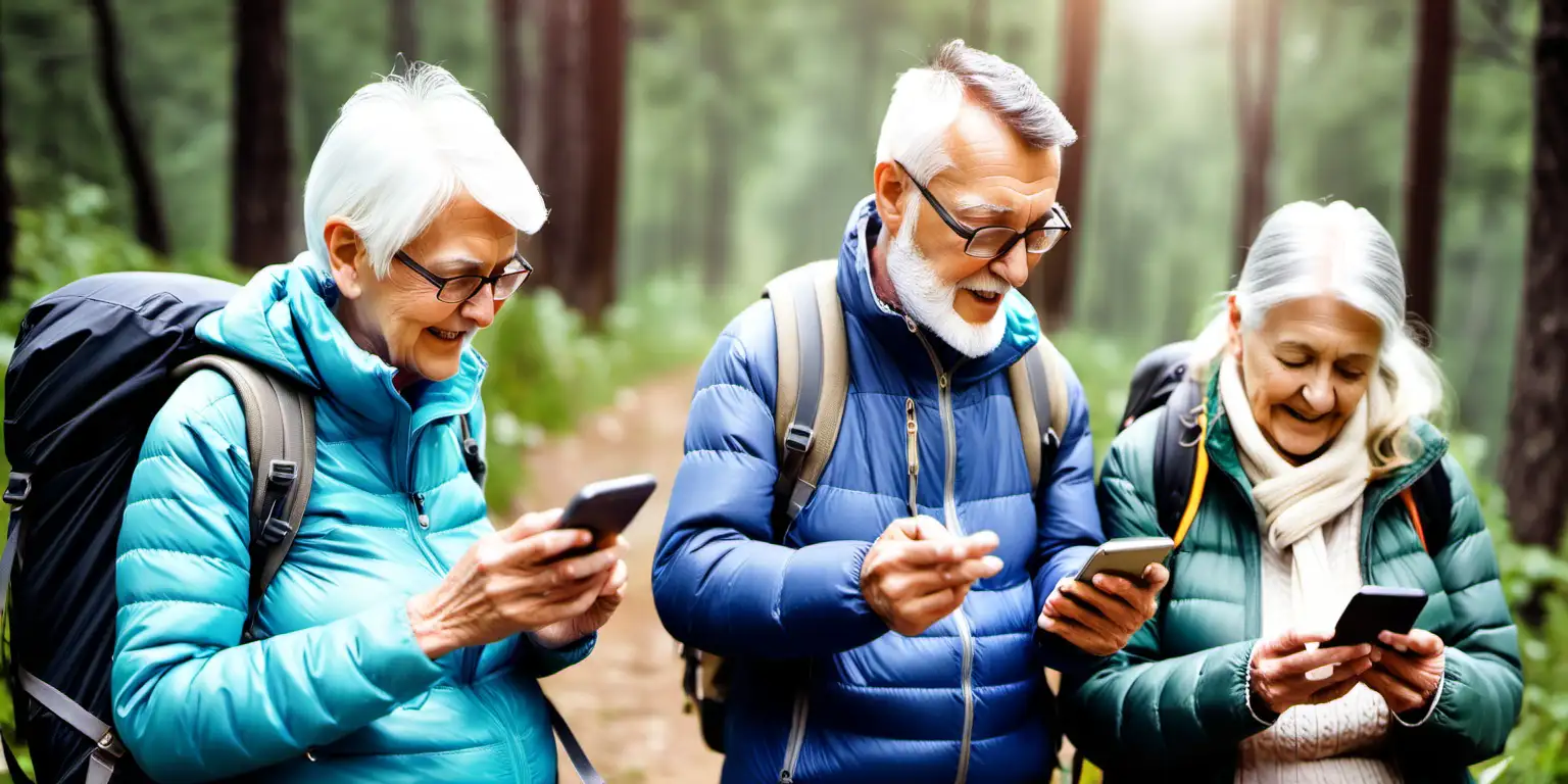 senior people using mobile app while hiking in the nature