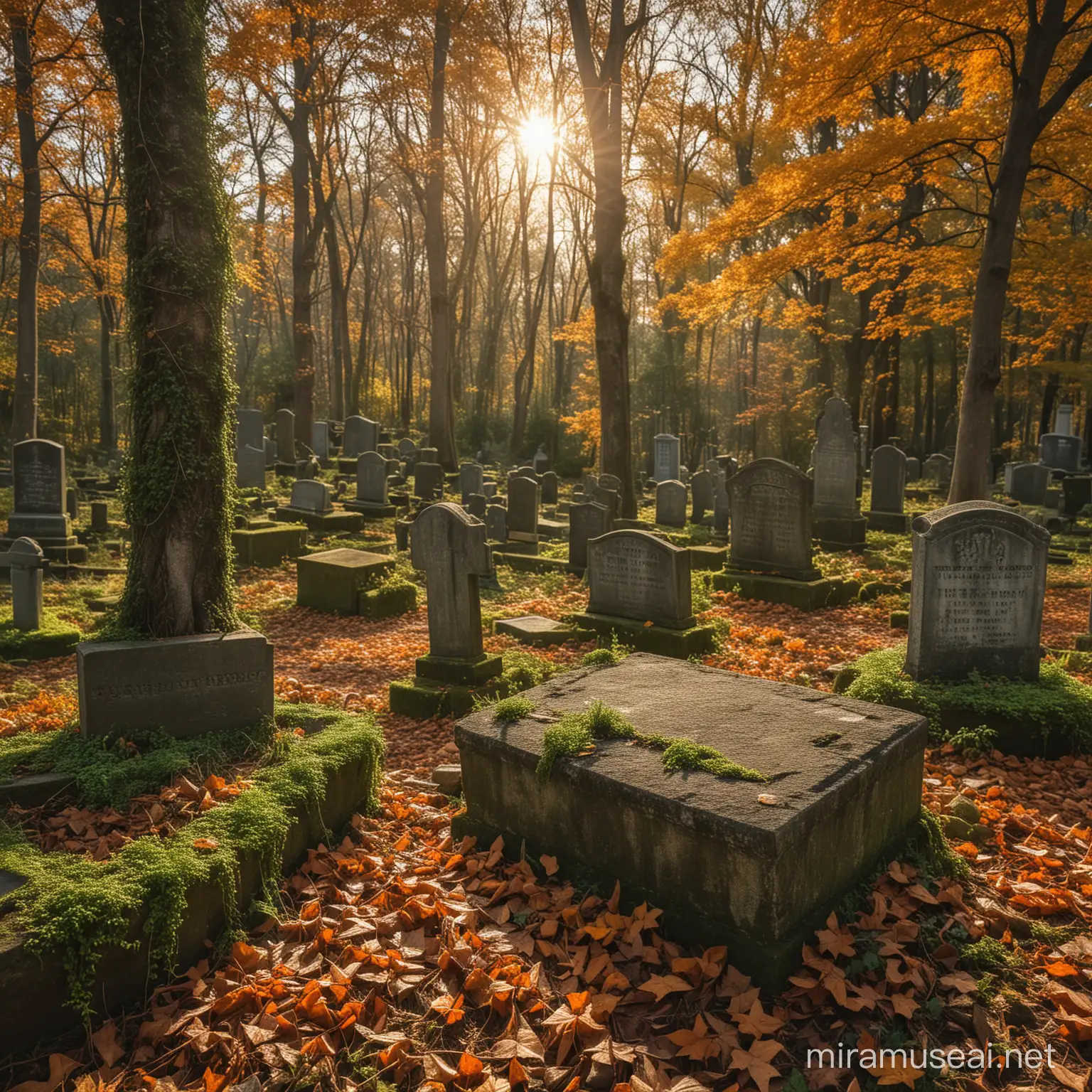 An  abandoned old cemetery. It is fall. The sun is setting. You can see  some old gravestones. Some gravestones are weathered and overgrown with  moss and ivy. There are some very old trees. HDR. Lost places --style raw --v 6