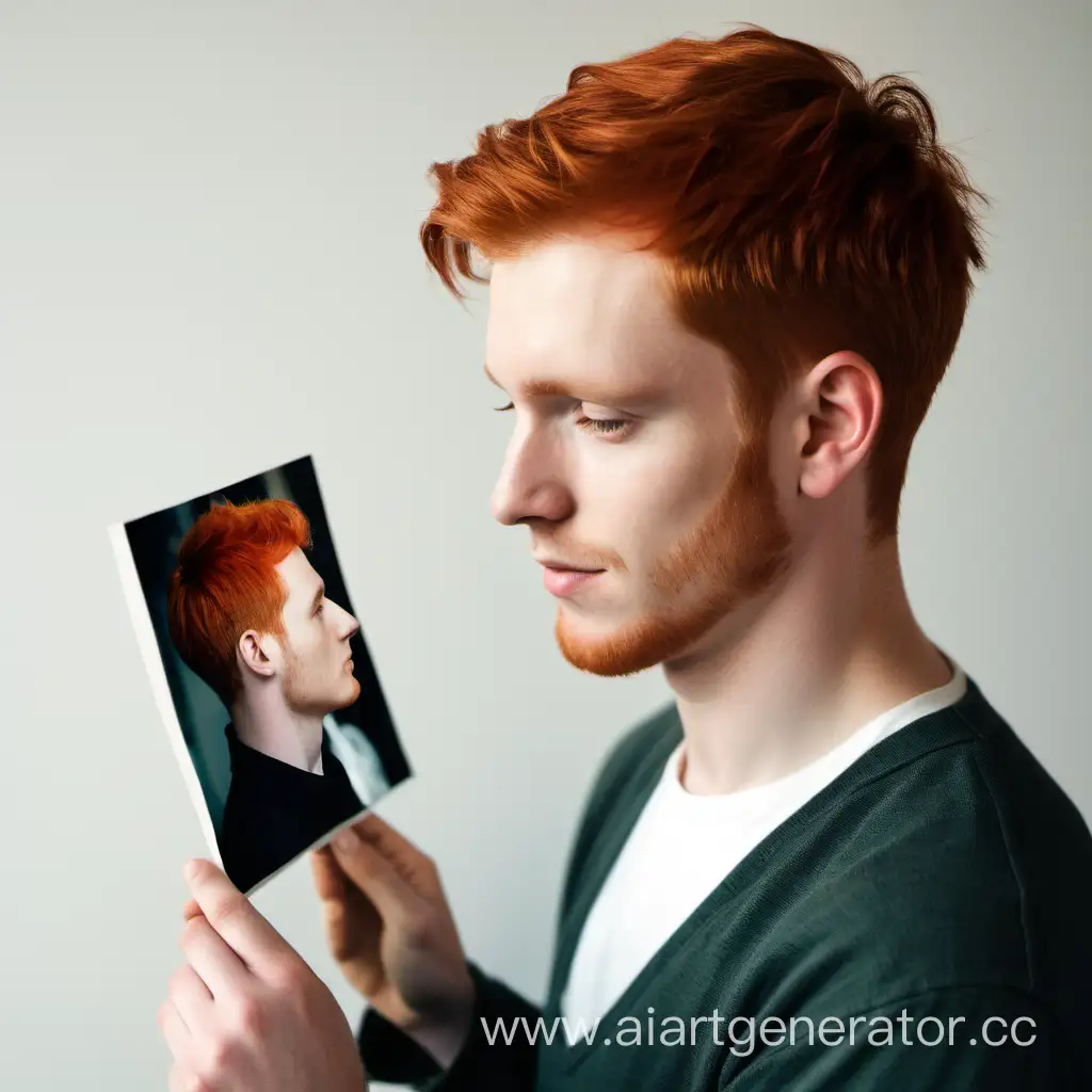в профиль рыжий мужчина с короткими волосами 25 лет держит фотографию и мечтательно смотрит прямо на фотографию