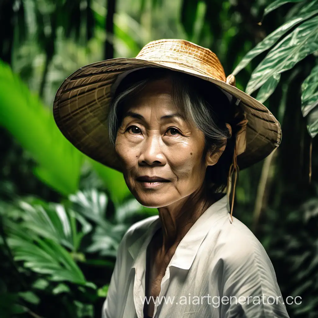 азиатская женщина, 60 лет, в простой деревенской одежде, в джунглях