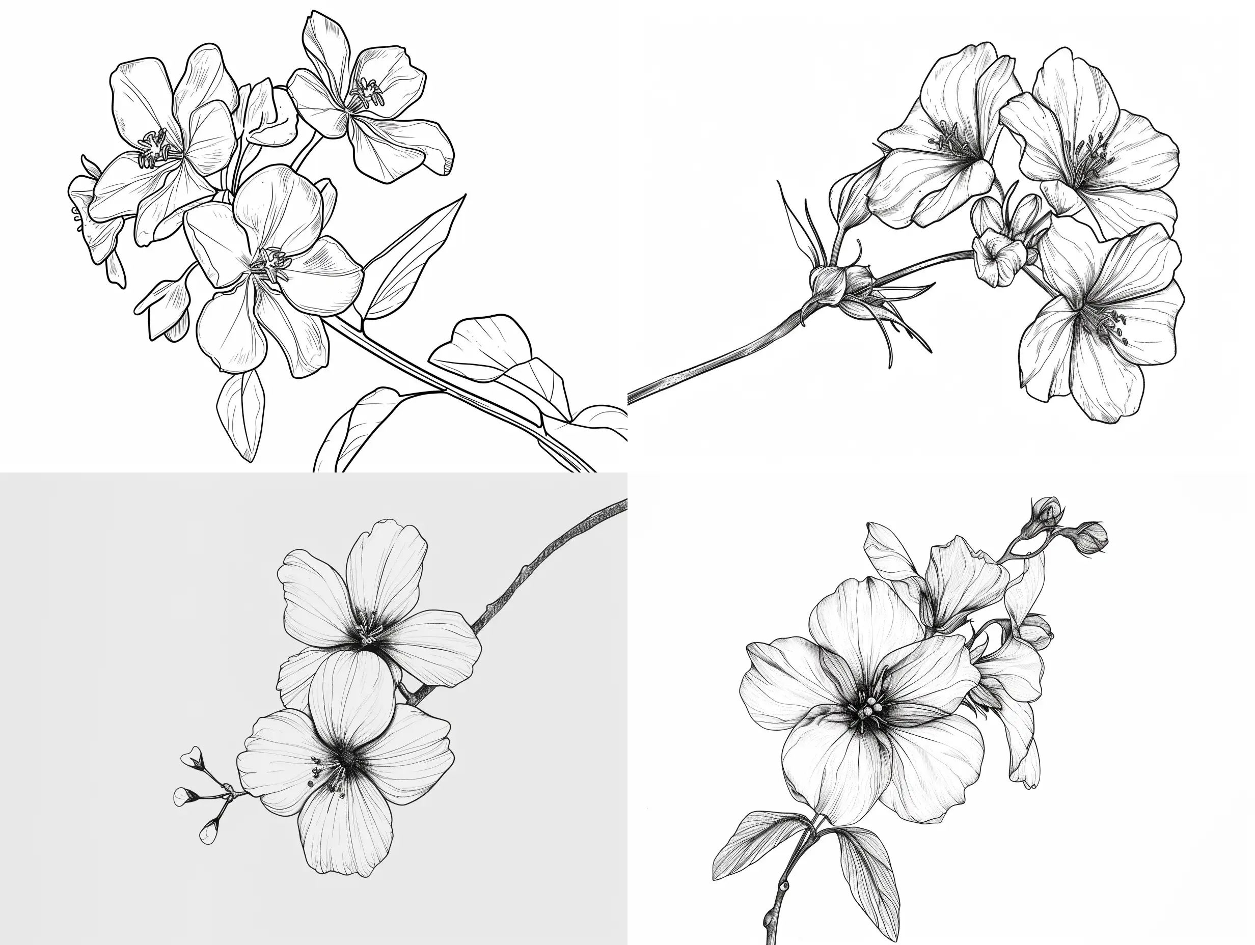 цветок гелиотропа на ветке скетч в векторном стиле, черно белая, минимум деталей