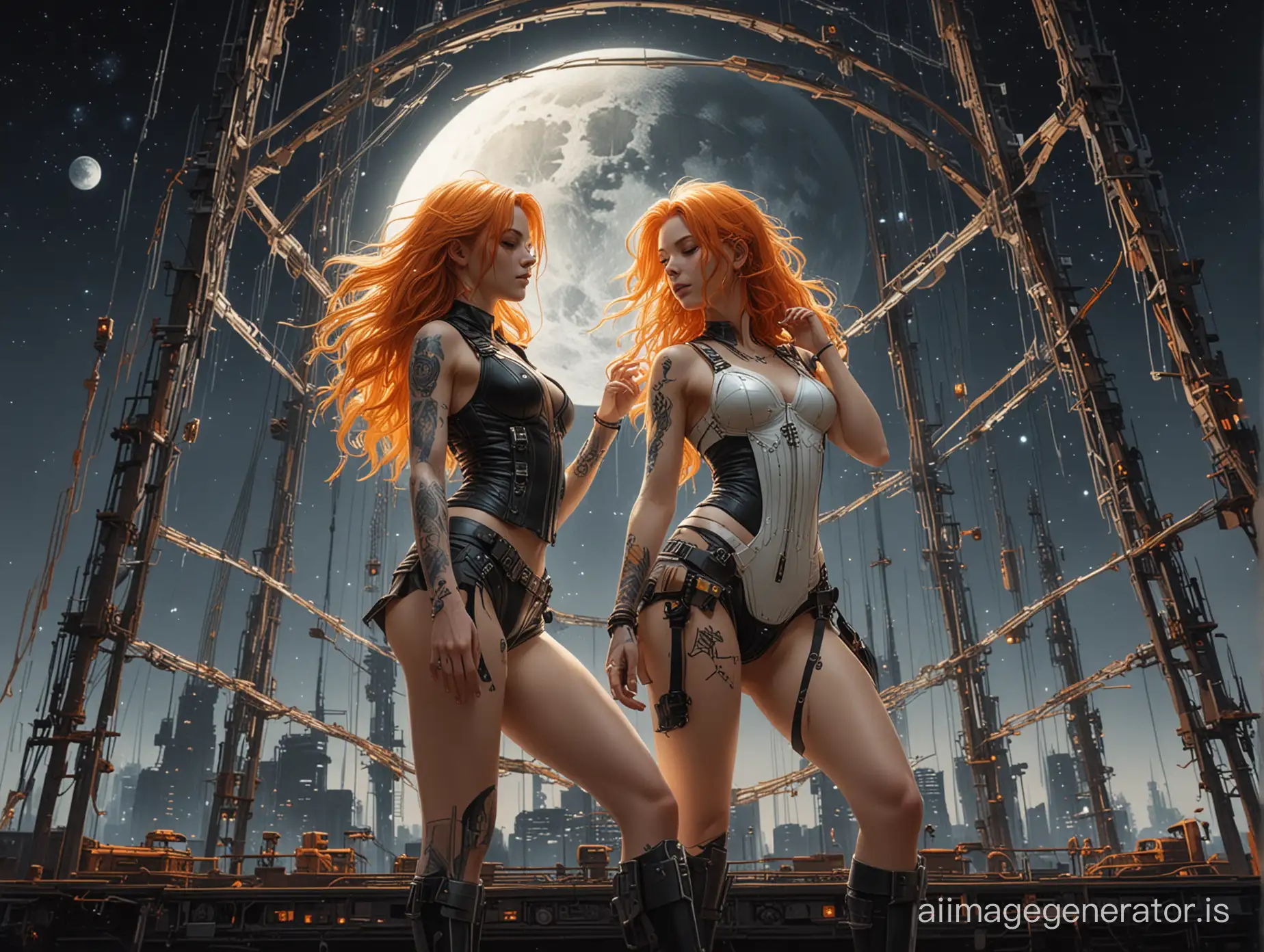cosmic landscape with dancing cute happens 2 girls full body lower angle, With long wavy orange hair with white leather harness dancing on gigantic megastructure architecture By Tsutomu Nihei, with nighten moon and galaxy. backlight, symmetrical black Ornament Frame by William Morris style. hyperdetailed painting. unSymmetrical composite, golden Ratio, Ultradetaled painting. sketches of tattoos in a minimalistic cyberpunk 2077 style