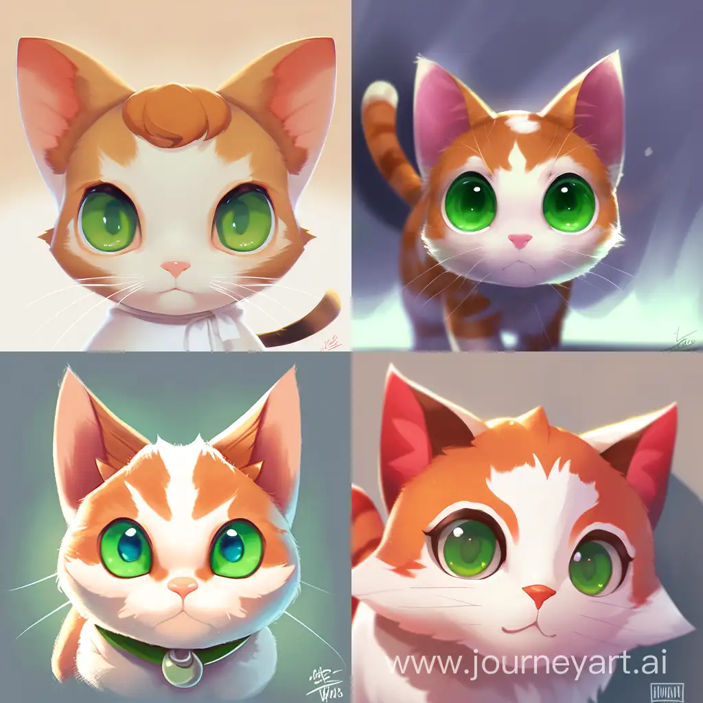  спокойный, рыжий котик, с зелеными большими глазами, маленькими ушами, тремя полосками на голове, с белим животиком, двумя усами нарисованный
