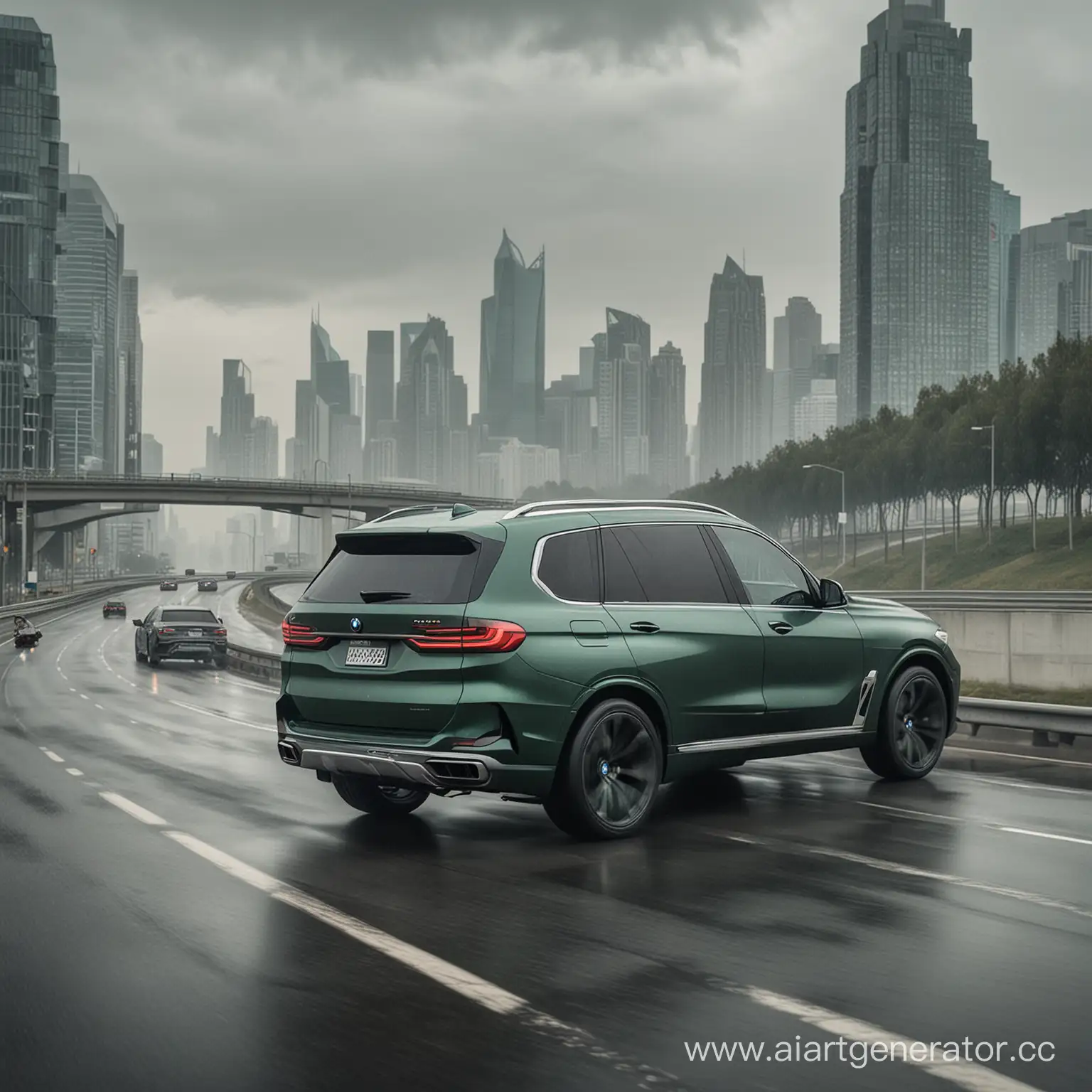 Matte-Emerald-BMW-X7-Driving-on-Overcast-City-Highway