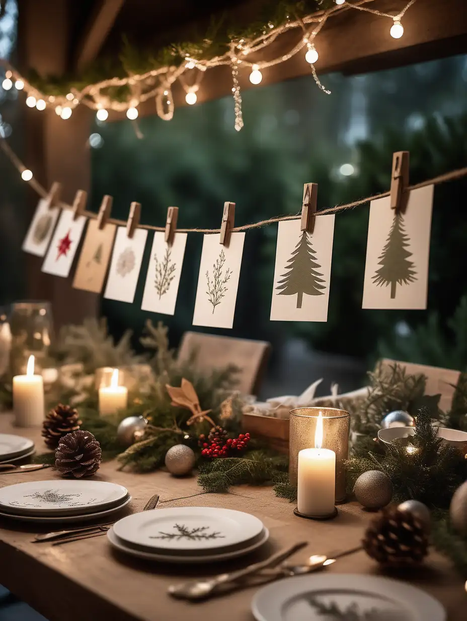 individual and varied designs Christmas cards hanging on a long String of twine across an elegant, festively decorated dining table and use clothespins to attach the cards. neutral, rustic, organic style. background overgrown outdoor garden moody lighting. artistic angle
