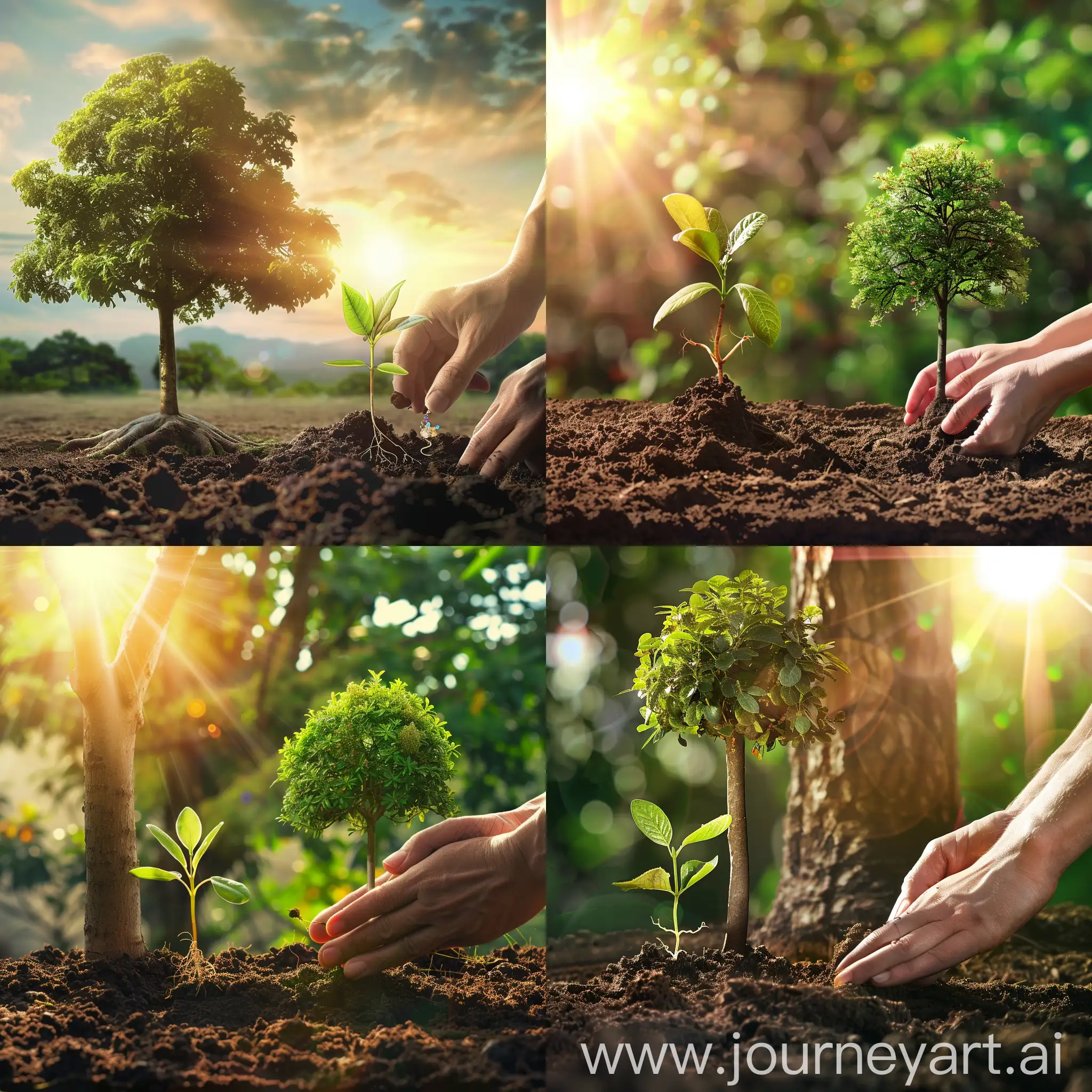 create a sunlit day with a sprout of a tree and beside it is a mature tree.
Add human hands planting the sprout