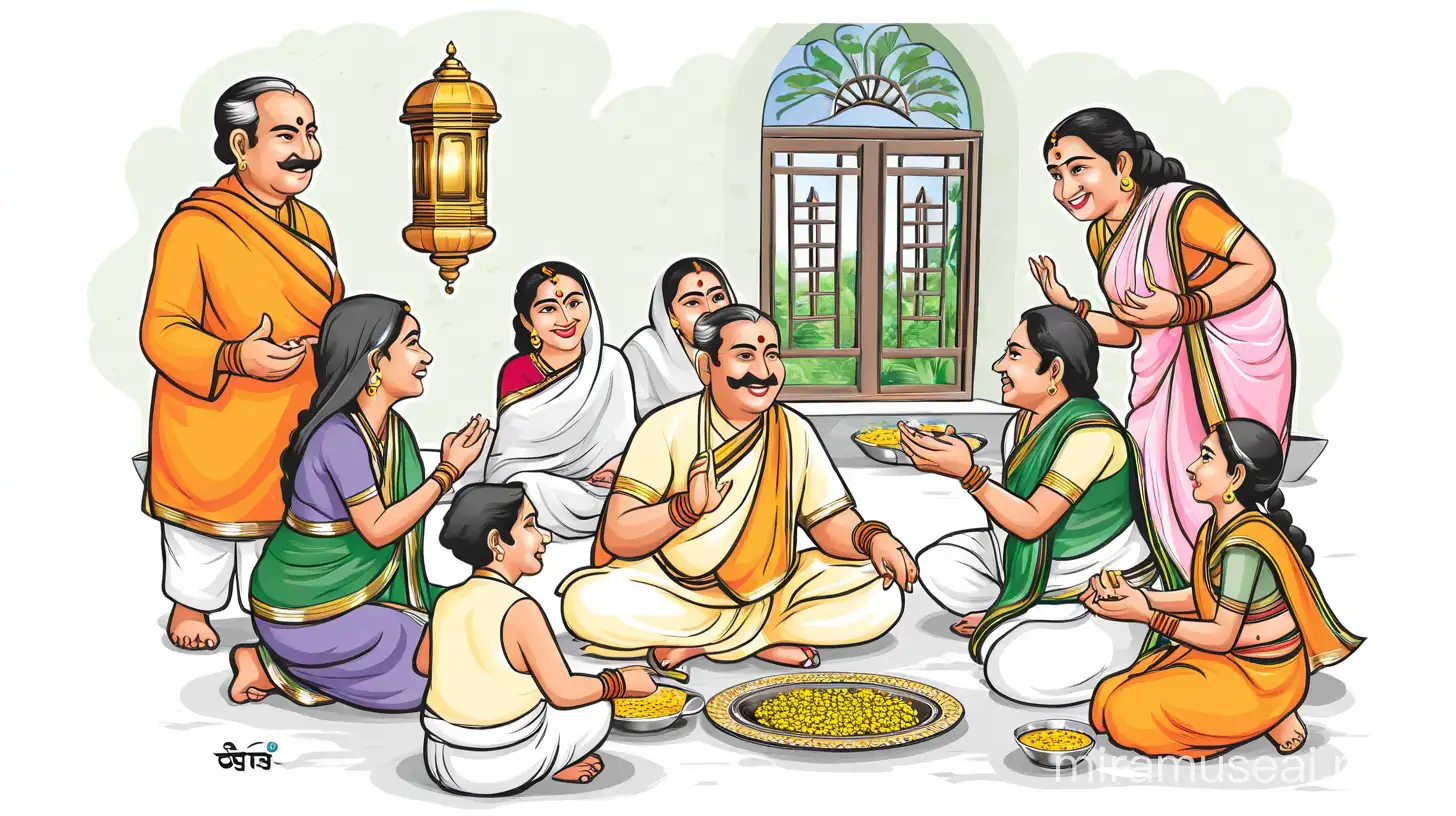 Bangal Jamai Sasthi Celebration Cartoon Illustration of Festive Family Feast