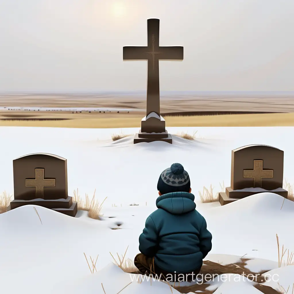 Вид сзади, два могилы в степи  и один 
 шестилетний мальчик сидит и плачет , зимой, без крестами