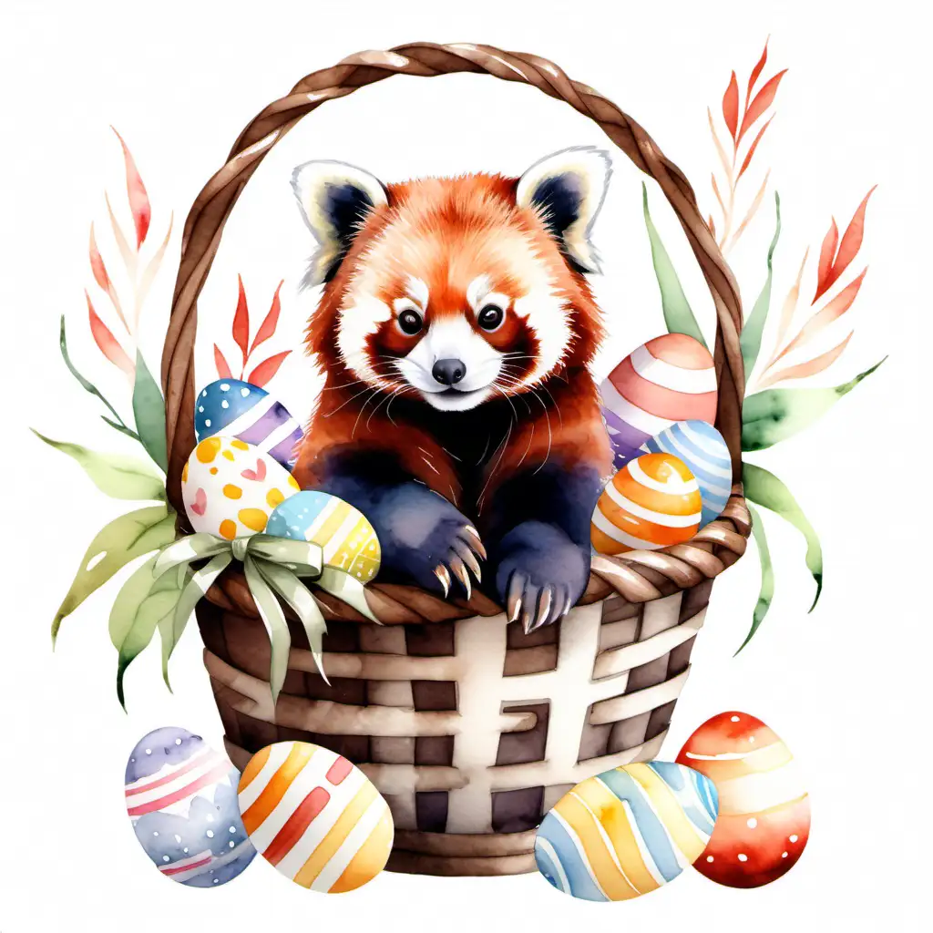 watercolor style, a red panda sitting in an easter basket on a white background.