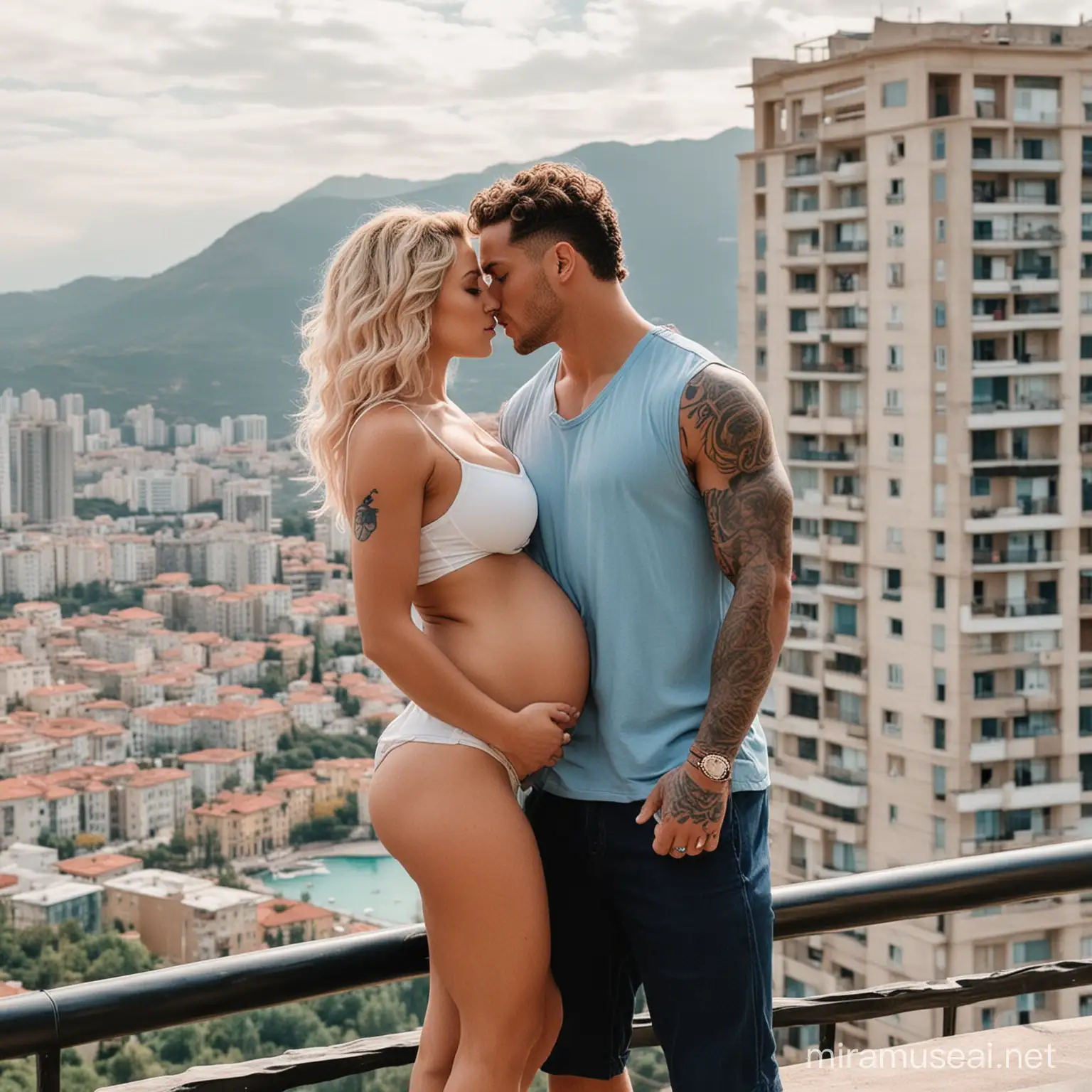 Muscular Football Player Embraces Pregnant Royalty in Luxurious Mountain Villa