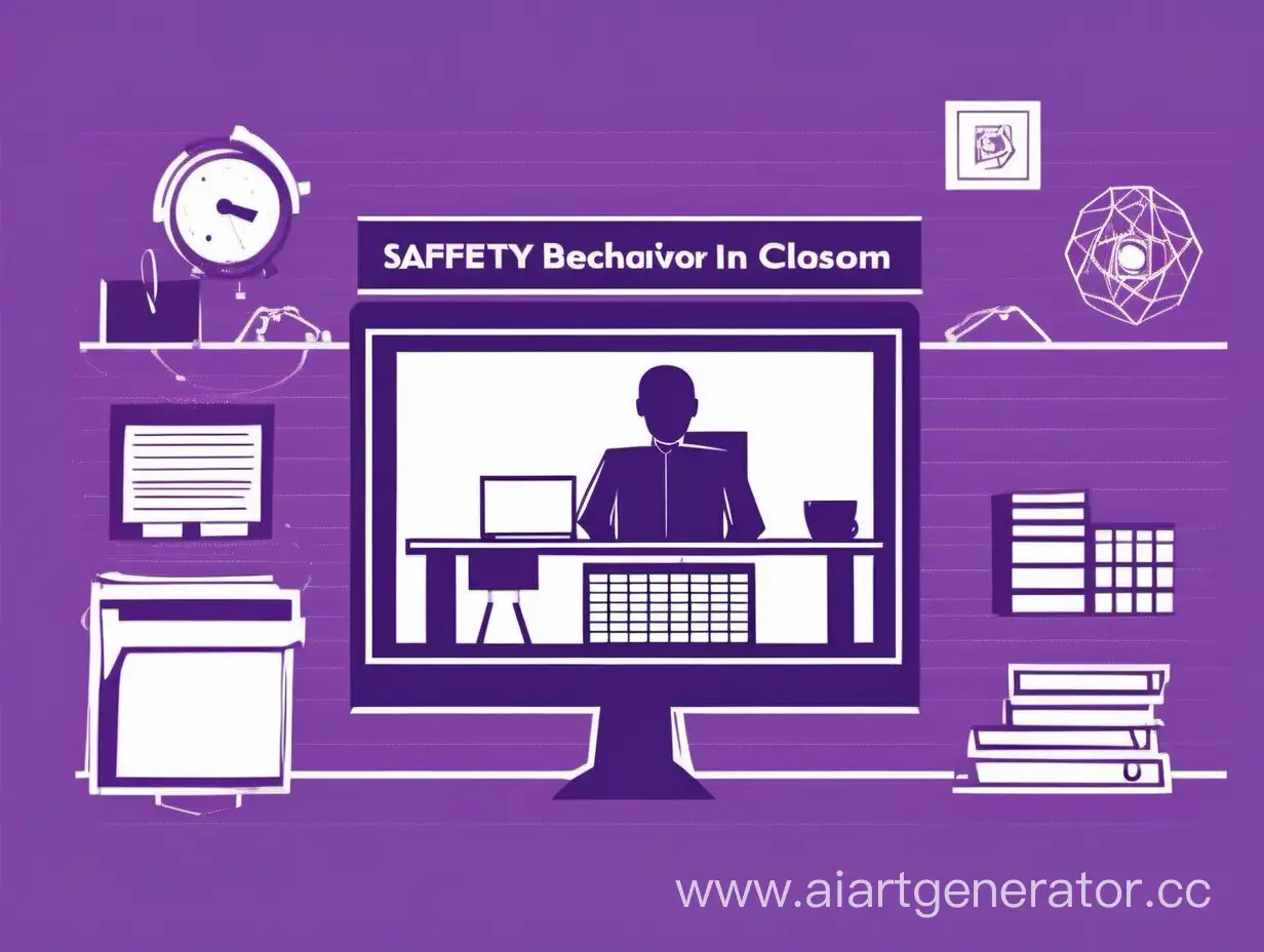 минималистичную иллюстрацию по технике безопасности и поведения в кабинете информатики на фиолетовом фоне