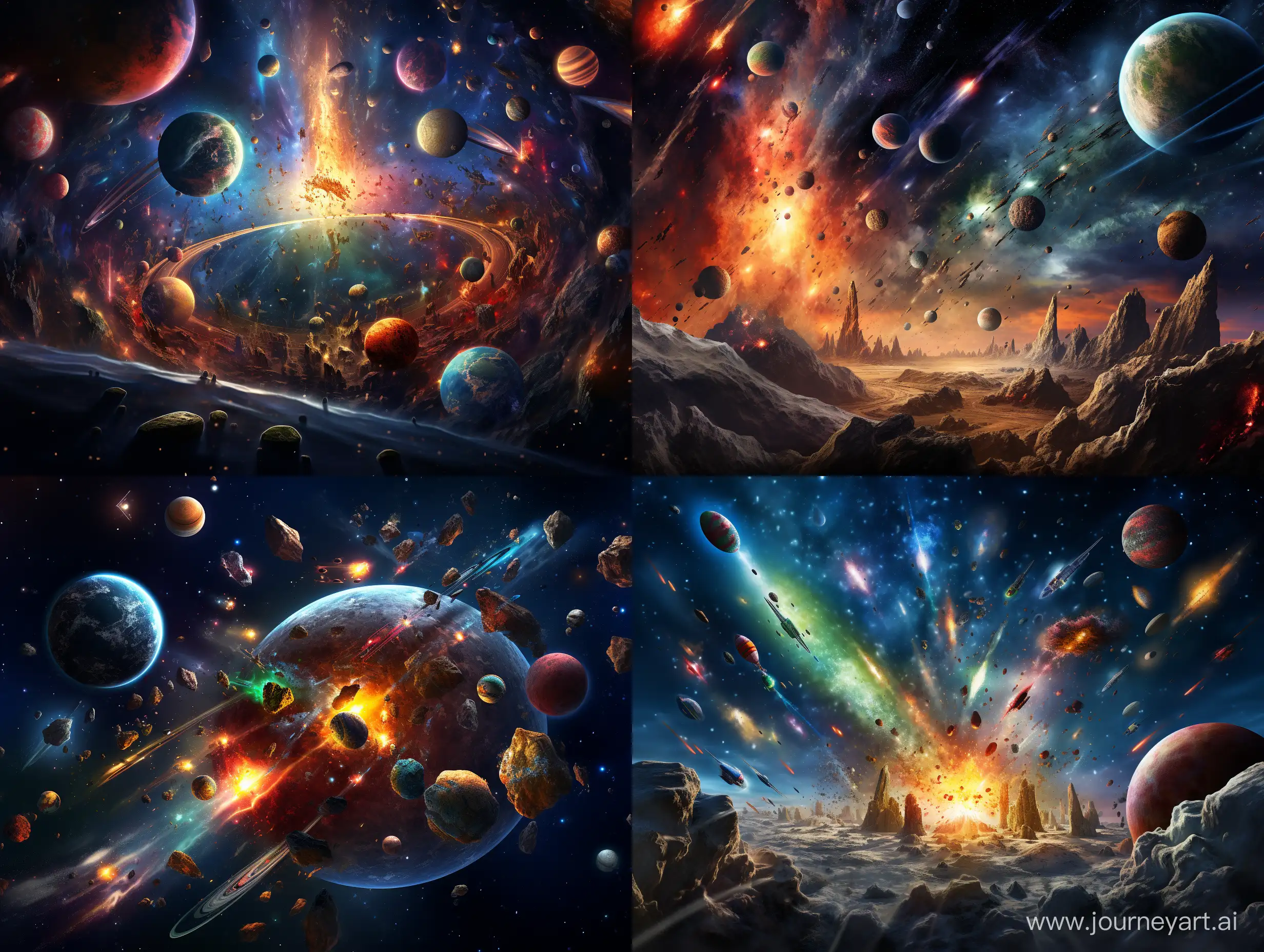 An image that represents astronomy with planets, stars of various types, and galaxies, and space missions with rockets and starships.