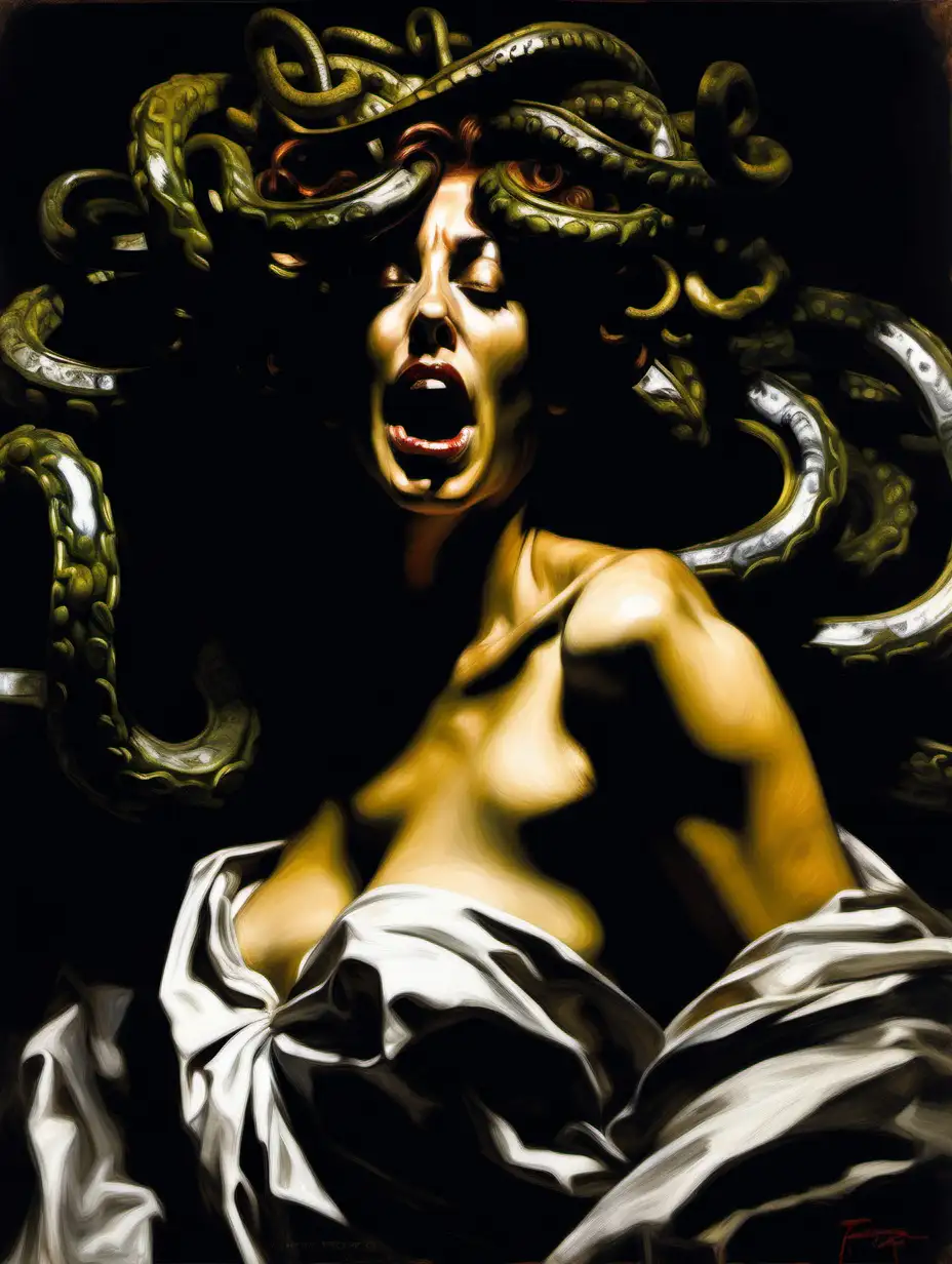 an old masterpiece a sexy medusa by caravaggio repainting by fabian perez in baroque style

