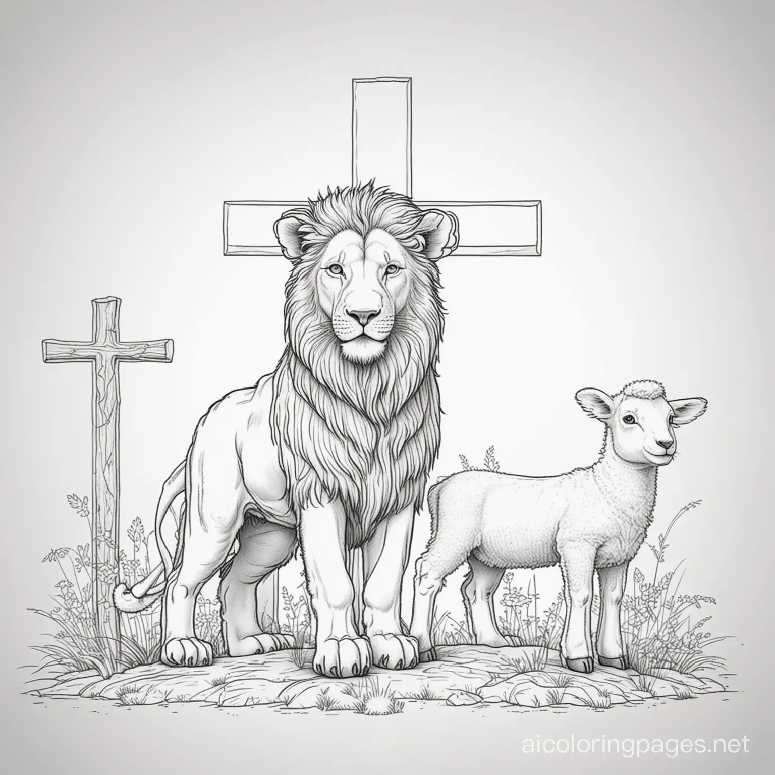 Lion  standing beside a lamb with  cross in the background
, Coloring Page, black and white, line art, white background, Simplicity, Ample White Space. The background of the coloring page is plain white to make it easy for young children to color within the lines. The outlines of all the subjects are easy to distinguish, making it simple for kids to color without too much difficulty