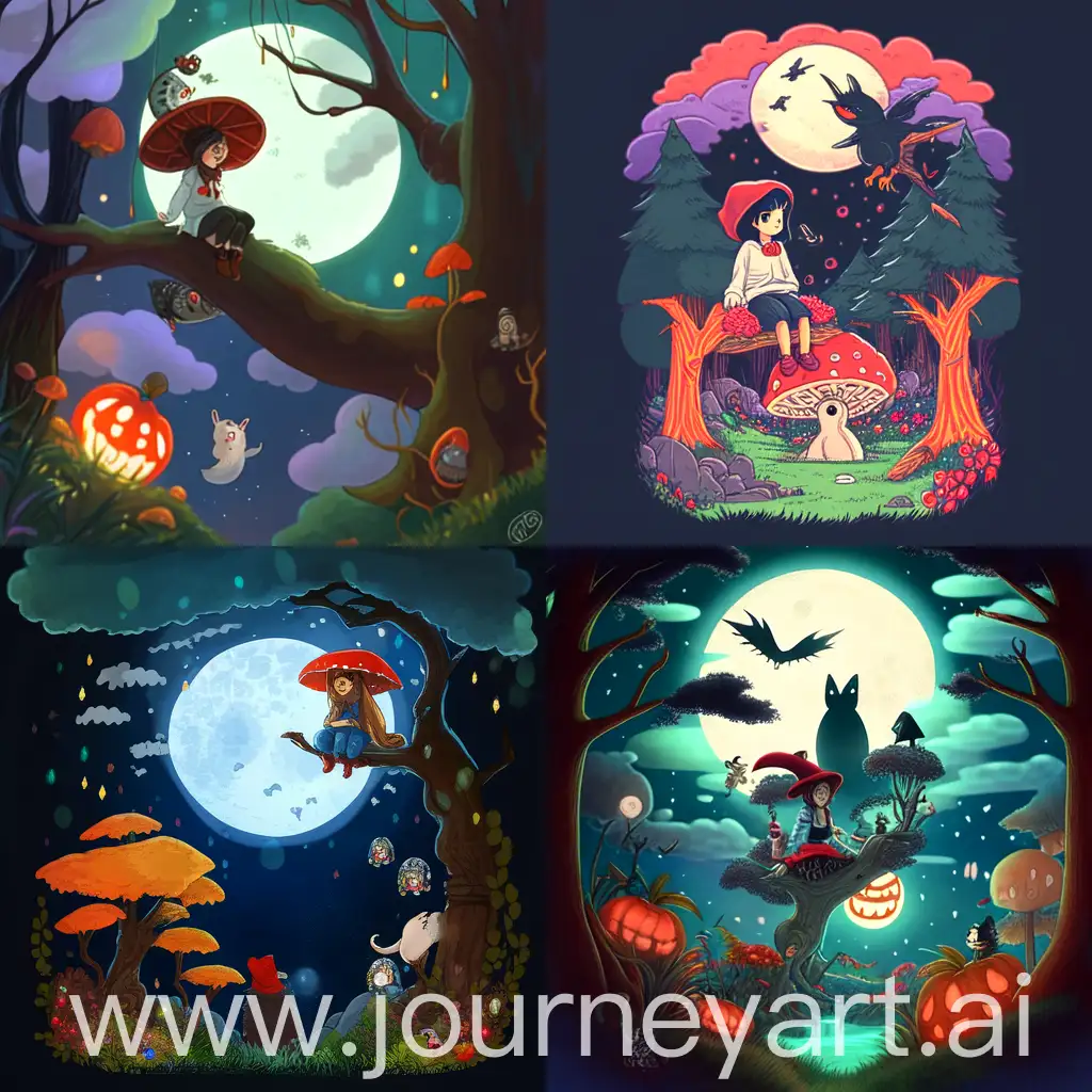 Studio Ghibli style moonlit woodland scene with young girl wearing hoodie and witches hat sitting high on a branch in a tree with a wildcat sitting next to her. It is raining, the moon is full and there are birds overhead, on the ground is a jack o lantern and a cartoon mushroom with a red top and white spots