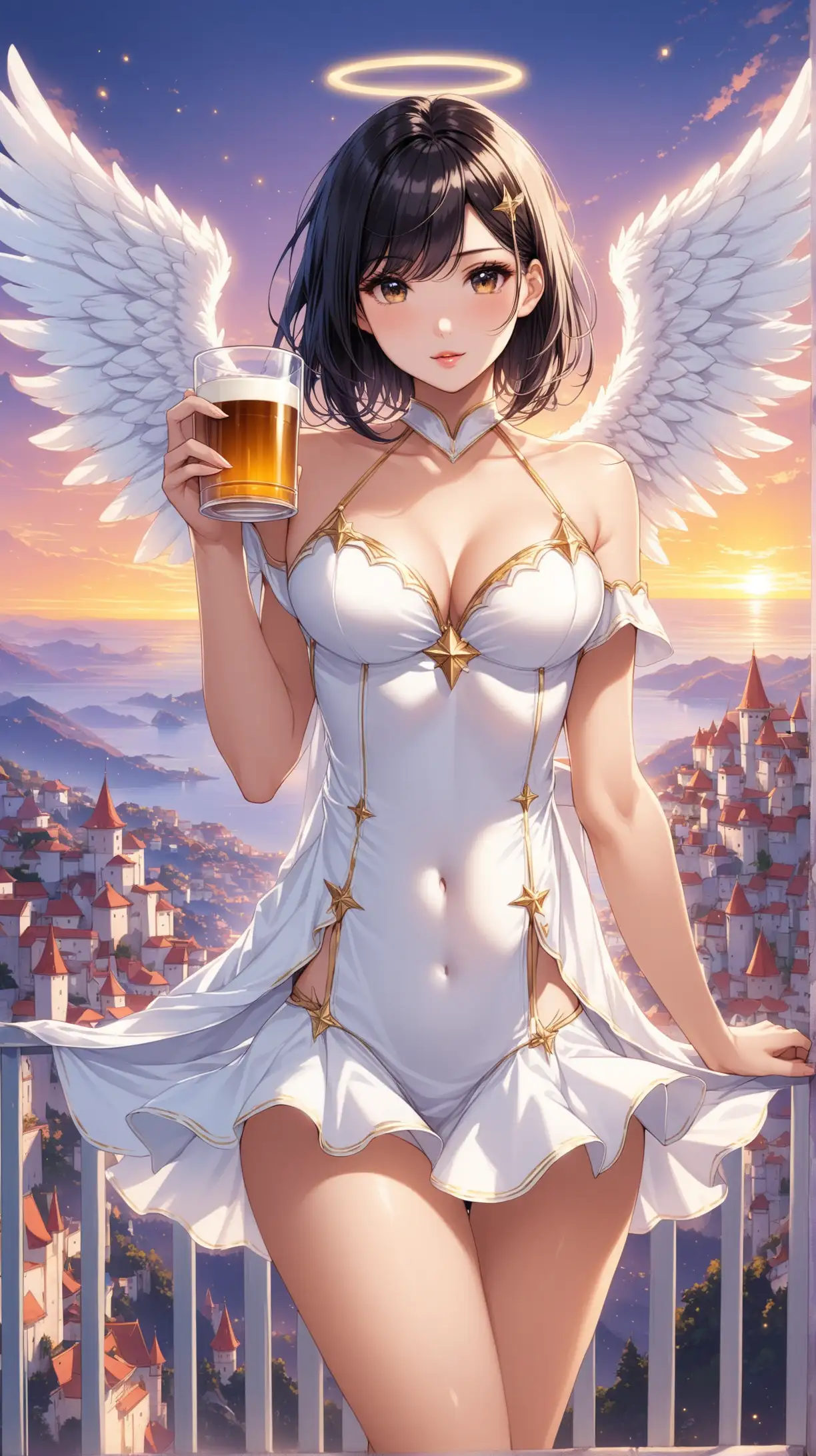 Sexy women carry cup , angel costume, black medium hair, white short dress, fantastic background 