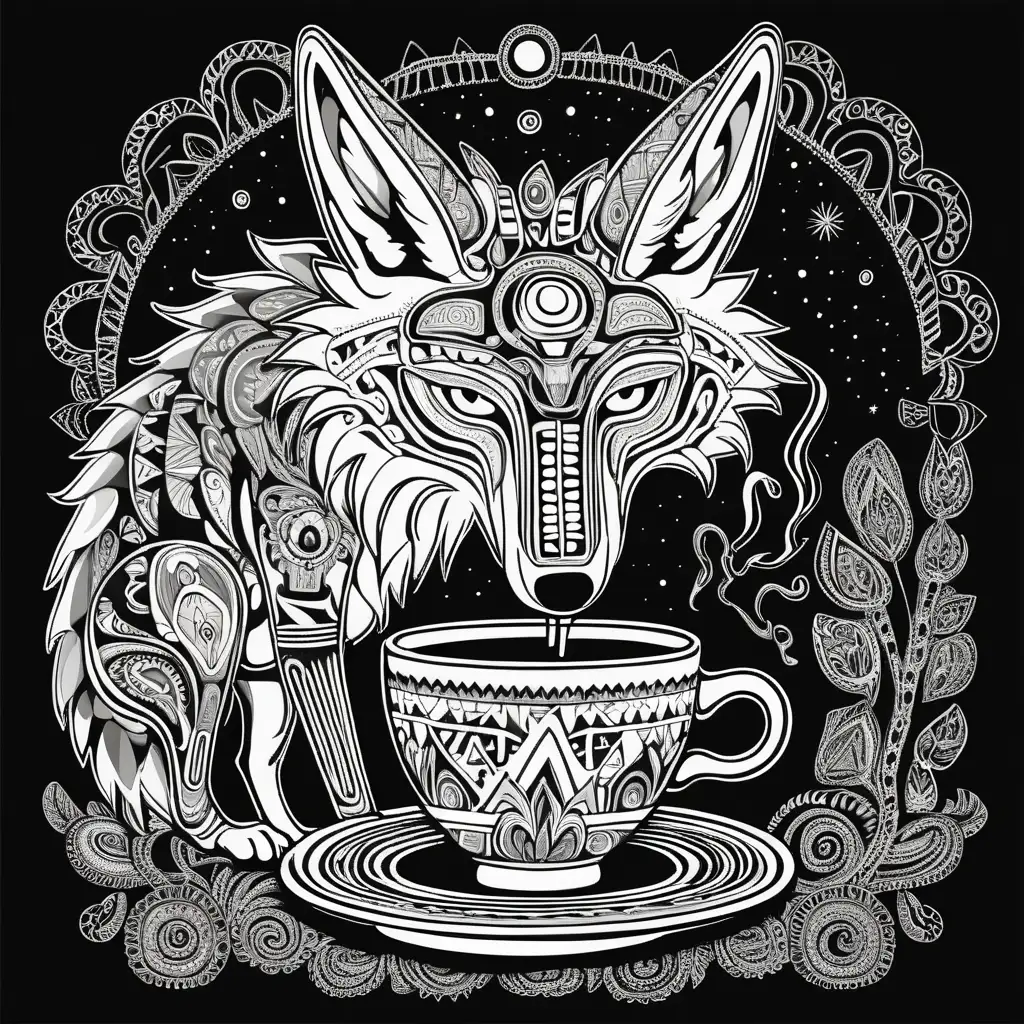 Coyote Sipping Strong Coffee in Astral Journey Huichol Outline Design