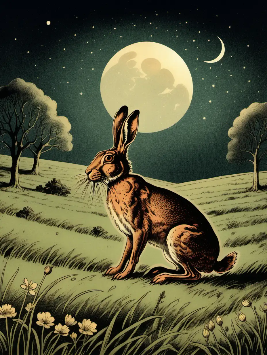 a vintage illustration of a hare in a field with a shiny moon above 
