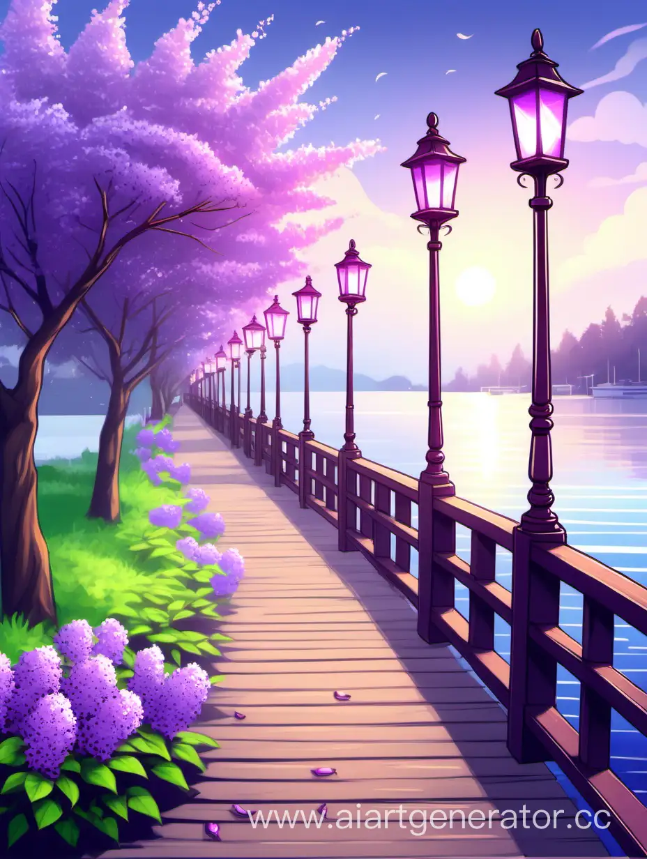 Scenic-Pier-Promenade-with-Blooming-Lilac-Bush-on-a-Clear-May-Day