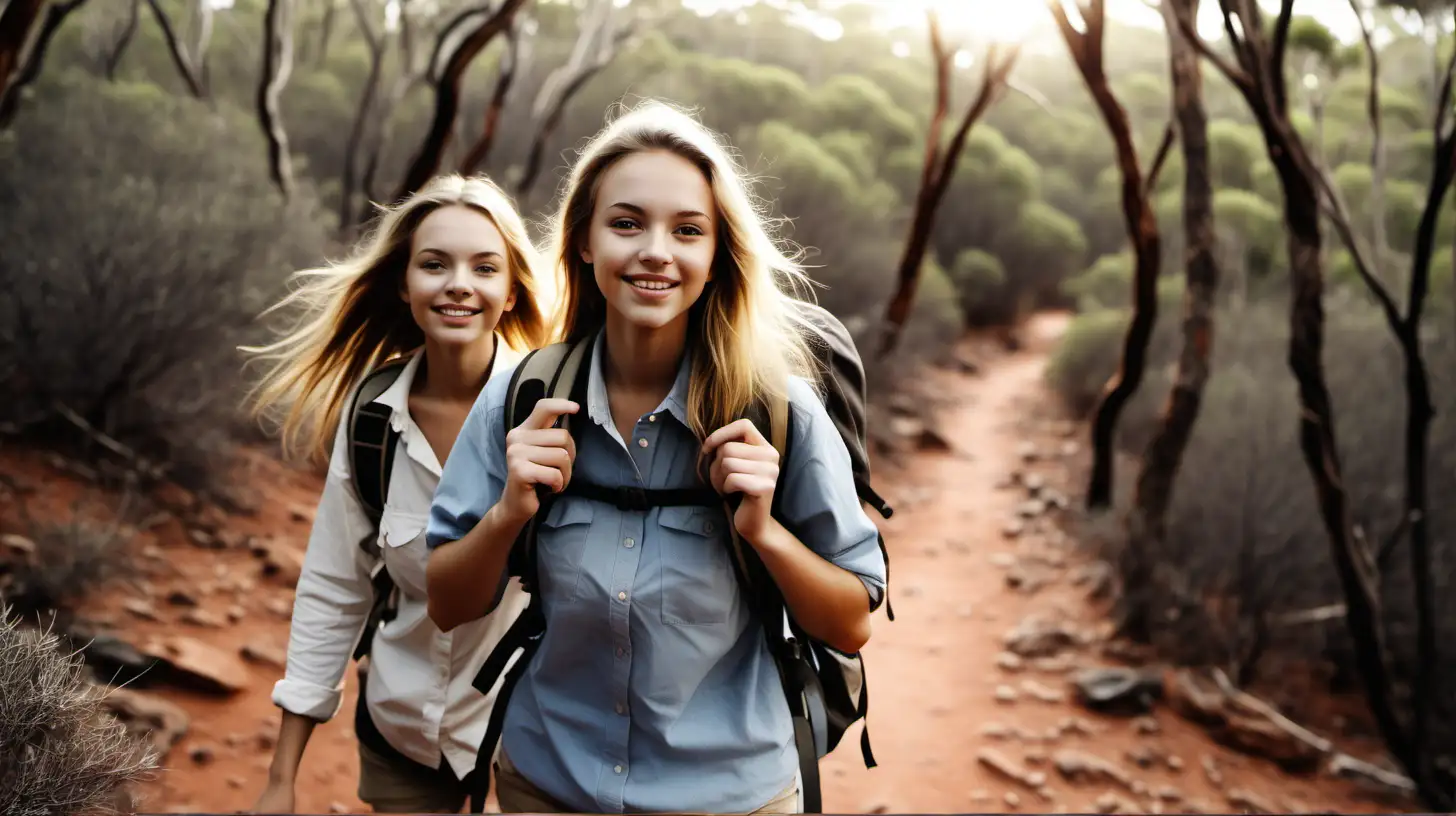 create photo of 2 young beautiful girls hiking in the australian bush hot on SLR