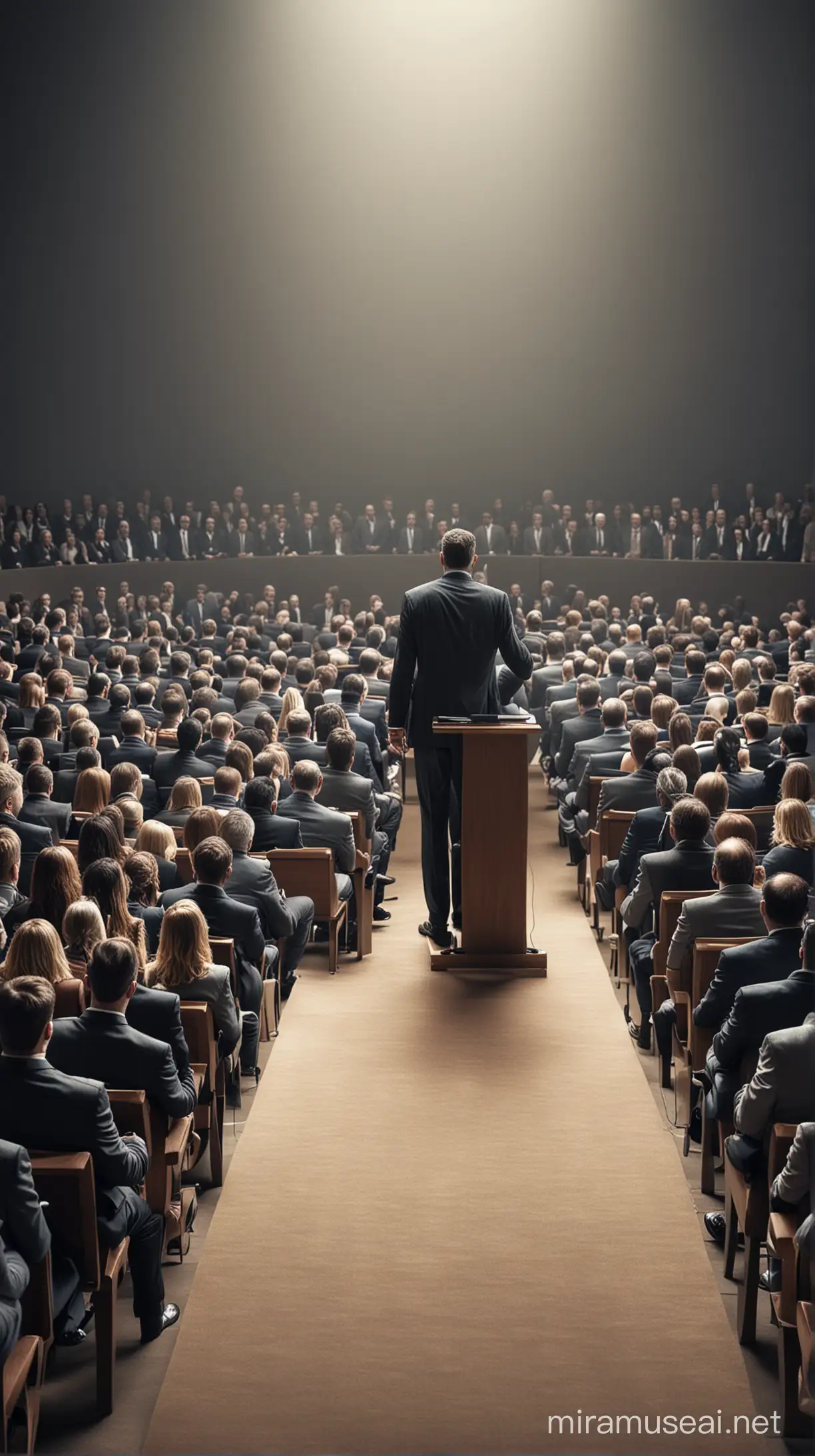 Corporate Speaker Addressing Large Audience on Stage