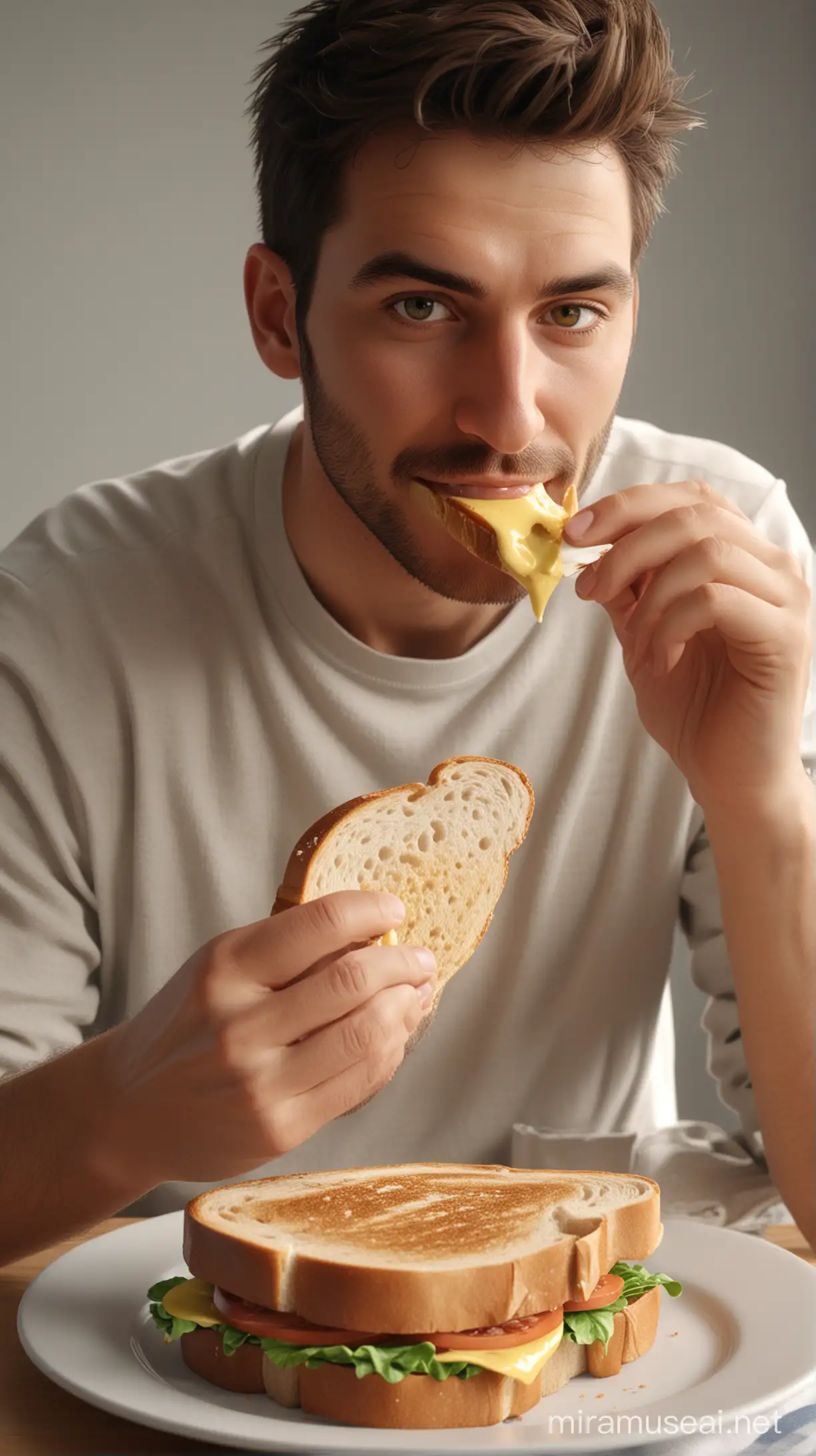 Man Enjoying Buttered Sandwich Breakfast