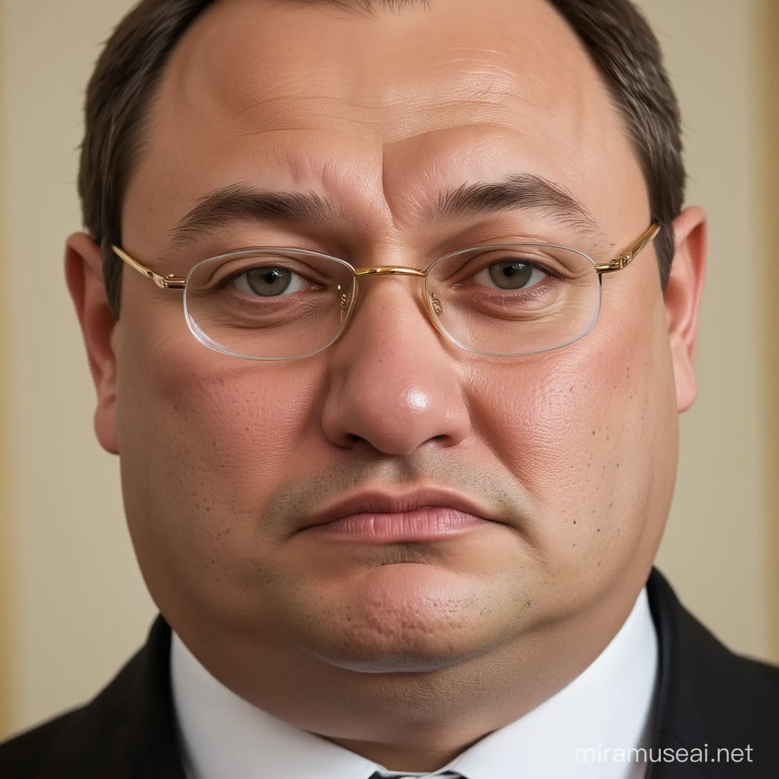 Create a portrait of a 50-year-old Russian lawyer fat as a pig. Despite his newfound wealth, his appearance remains uncertain. His face, round and plump, lacks the sophistication of high society with gold Cartier glasses. He has full cheeks, a wide nose, and there are signs of condescension on his lips. Despite his weight of about 150 kilograms, he radiates confidence and authority. He inspires confidence among ordinary Russian people and is an advocate for them.