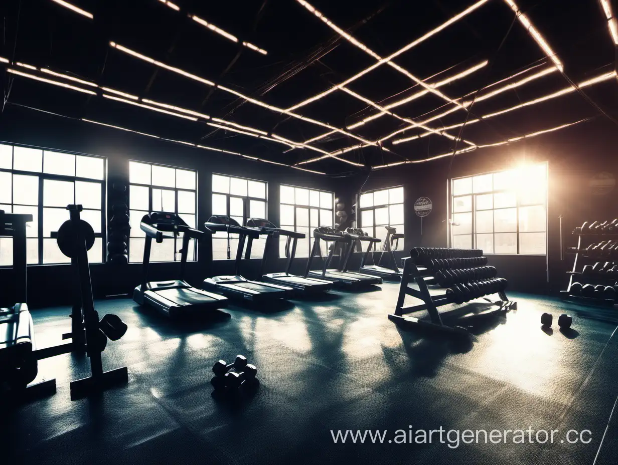 view of an empty large and spacious beautiful gym with dumbbells, harnesses, rope, exercise equipment in the background, mostly dark colors but there are rays of light