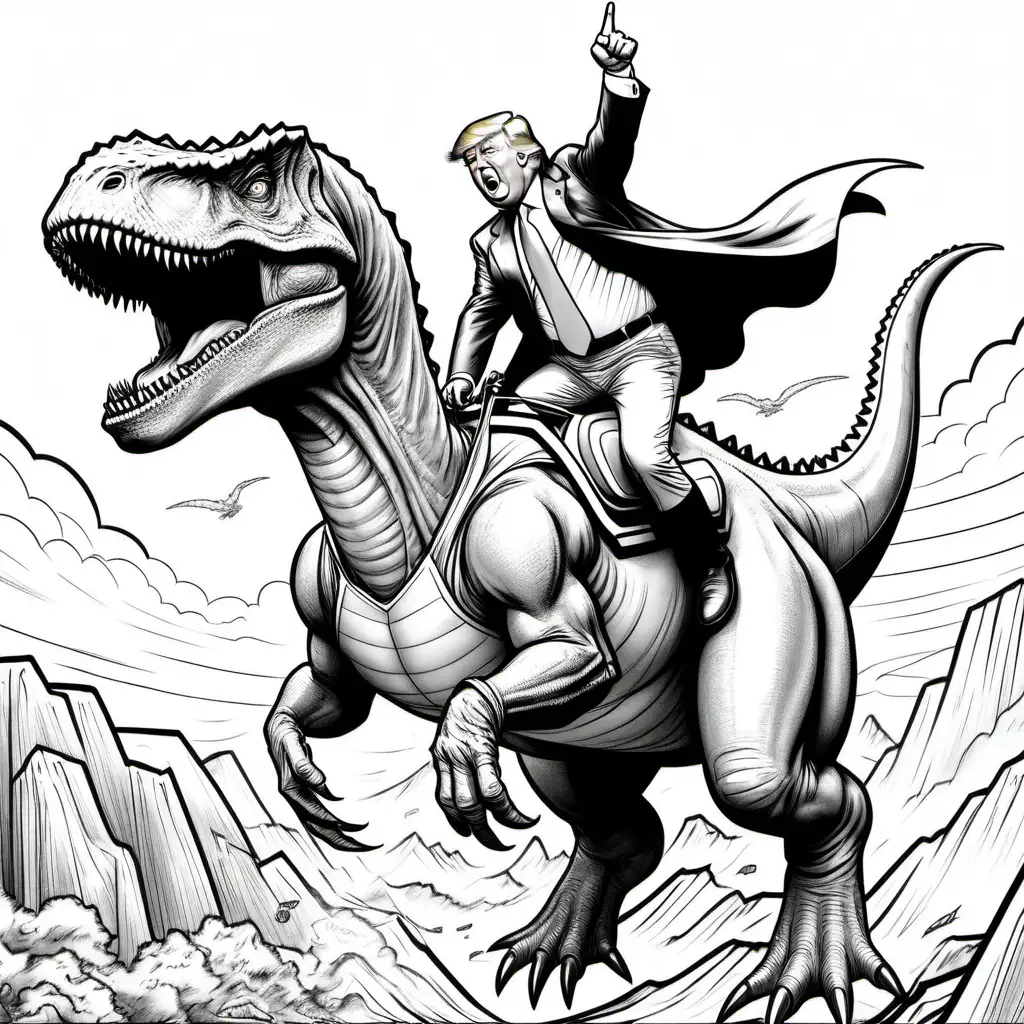 Donald Trump, super hero, coloring book image, riding dinosaur