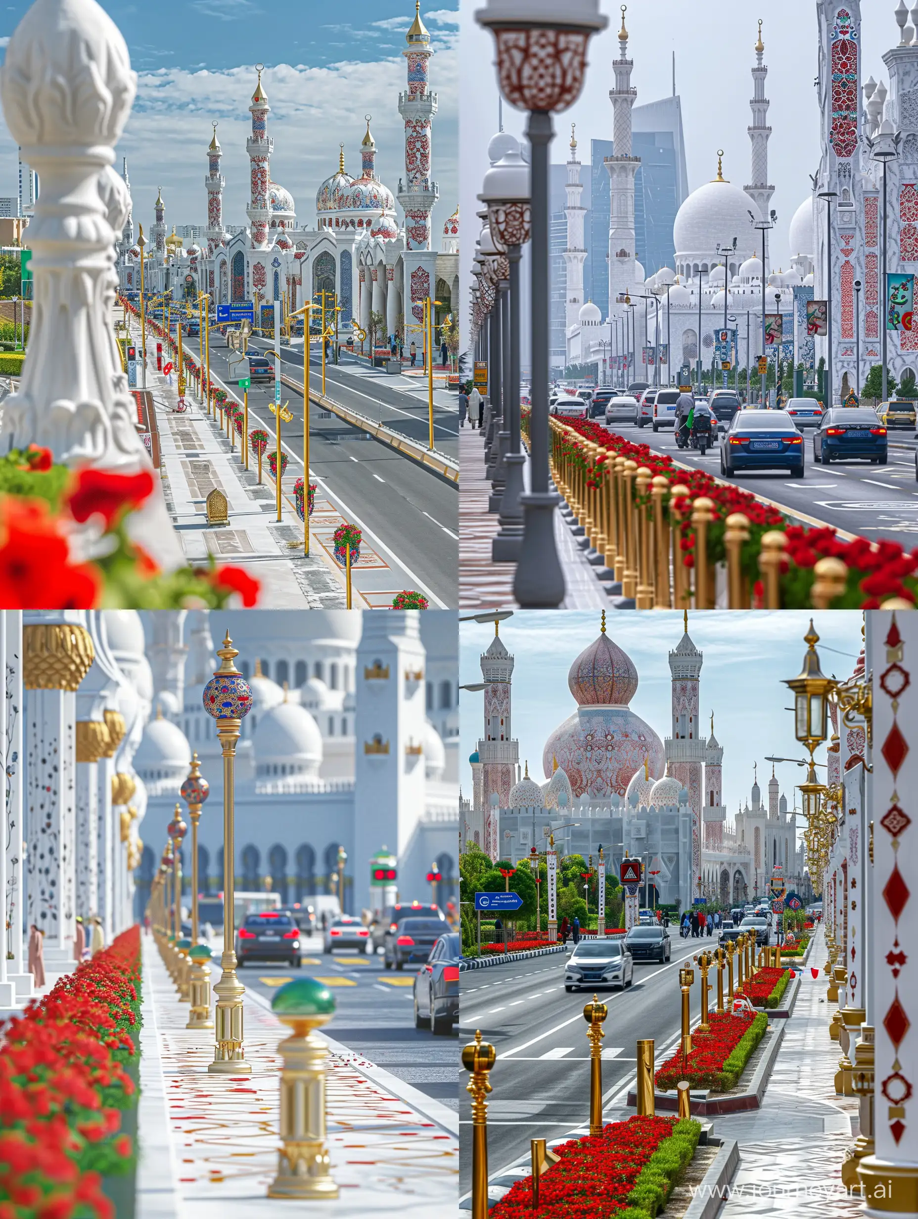 Realistic cityscape photography: a city full of medieval beautiful Islamic architectures and mosques, white marbled decorated with red blue persian floral arabesque, traffic and people on planned road having trafficsigns, gold bollarded sidewalk with islamic lusterware street lights and red green flowers --ar 3:4 --v 6