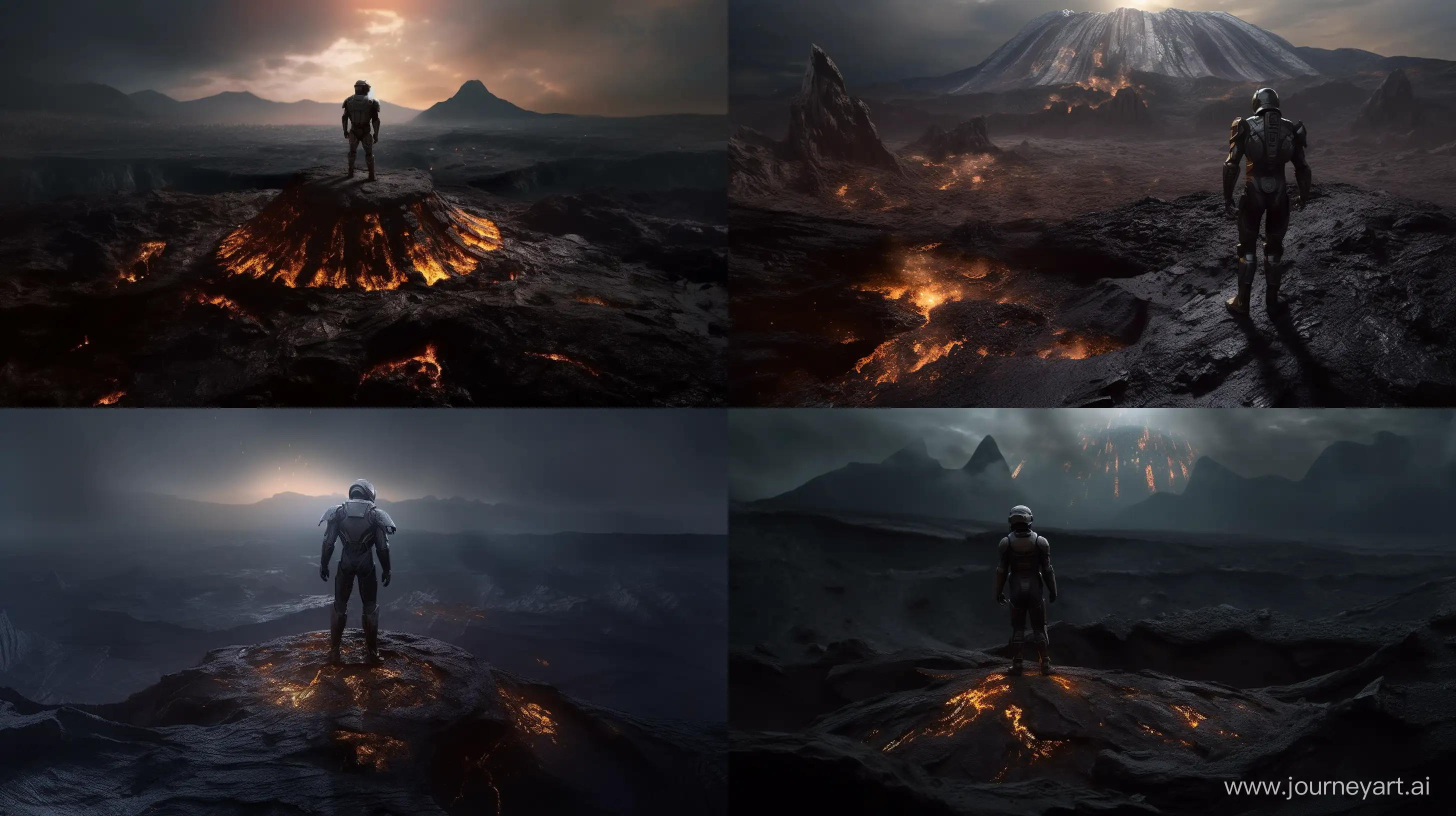 Эпический пейзаж "Звездного пути" с Мастером Чифом, стоящим на краю древнего вулканического кратера, магма искрится внизу, черное небо усыпано звездами, подчеркивающий мощь и героизм Мастера Чифа, Скульптура, бронзовая скульптура, --ar 16:9 --v 5