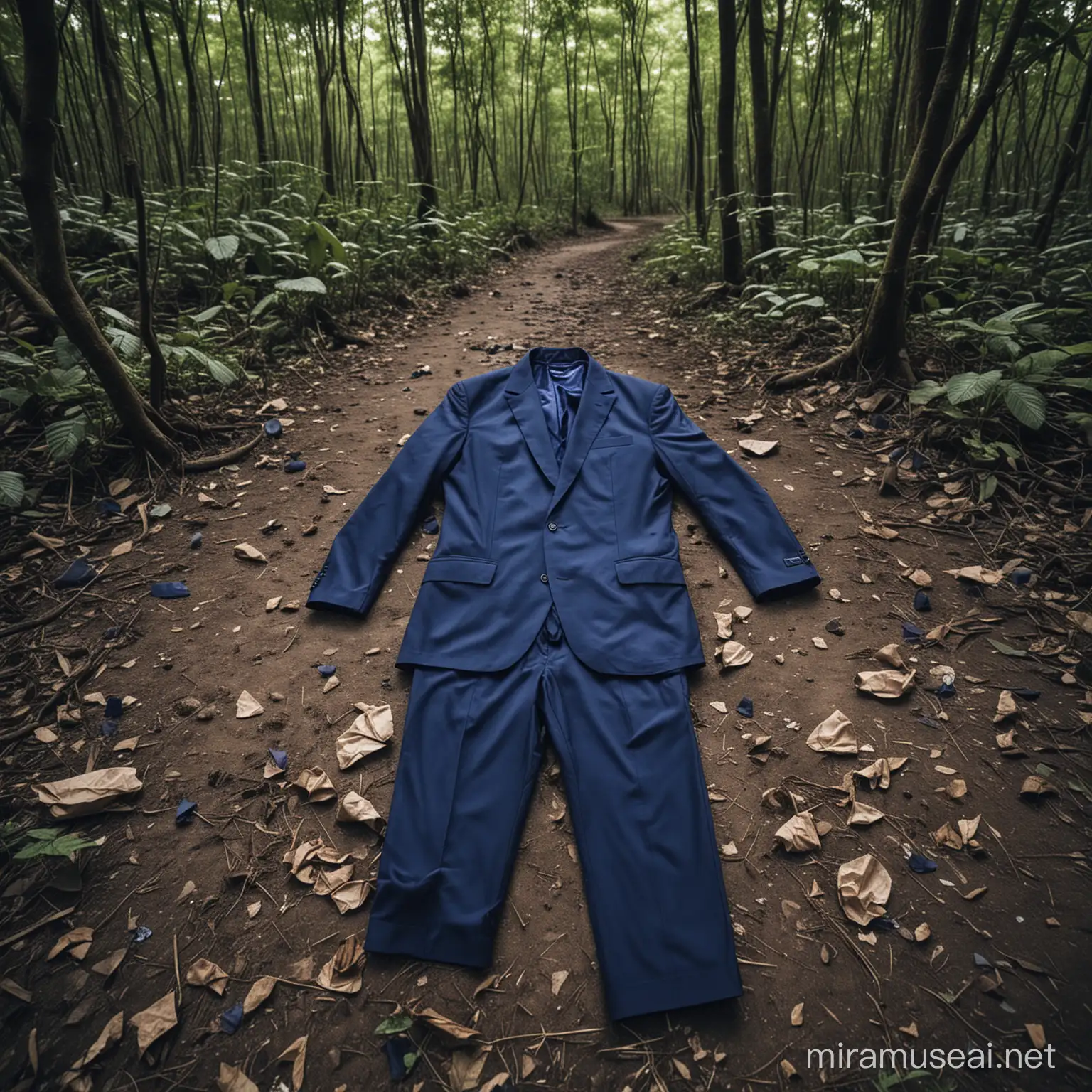 crumpled  celebrate dark blue suit thrown on the ground. 
amazon forest