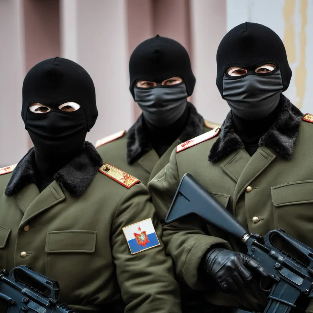 Russian Soldiers in Distinctive Masks on Urban Patrol