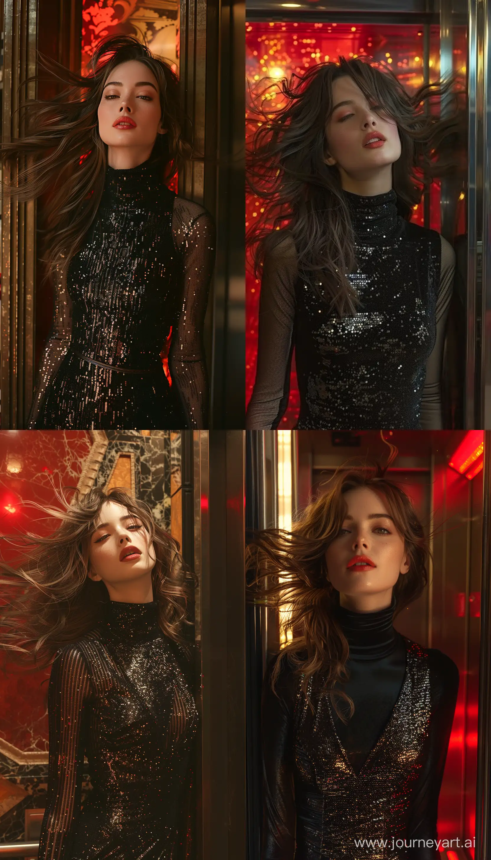 a head to toe full body image of a blossoming and classy young woman wearing a long black sequin turtleneck dress, and standing in front of a luxurious elevator. She is highly feminine and classy. She is wearing a silk vest. Her head is tilted on the side. she has a cativating look. She has dense and very very long wavy hair blowing in intense wind. She is wearing red lipstick, mascara, eye liner. She looks very powerful, highly confident, highly charismatic, confident, highly mysterious, soft and dark. Overcast, Digital art. Highly modern, digital illustration, complex details. Bright. The background colors are in red, black and and bright yellow shades --ar 4:7 --stylize 750 --v 6
