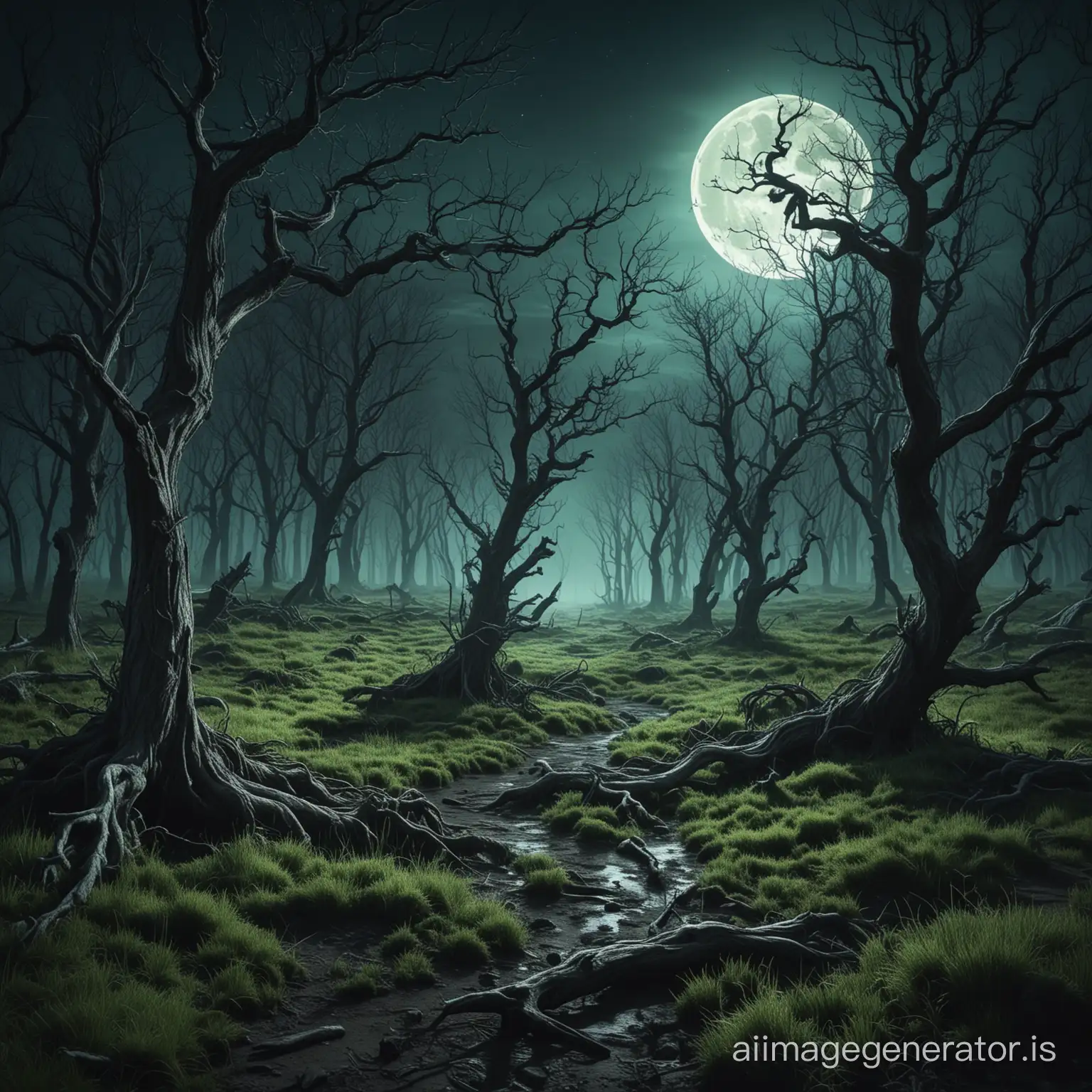 Moonlit, scary, night forest, dried out trees with gnarled branches, thick green grass on which the moonlight falls, bright juicy stylized style