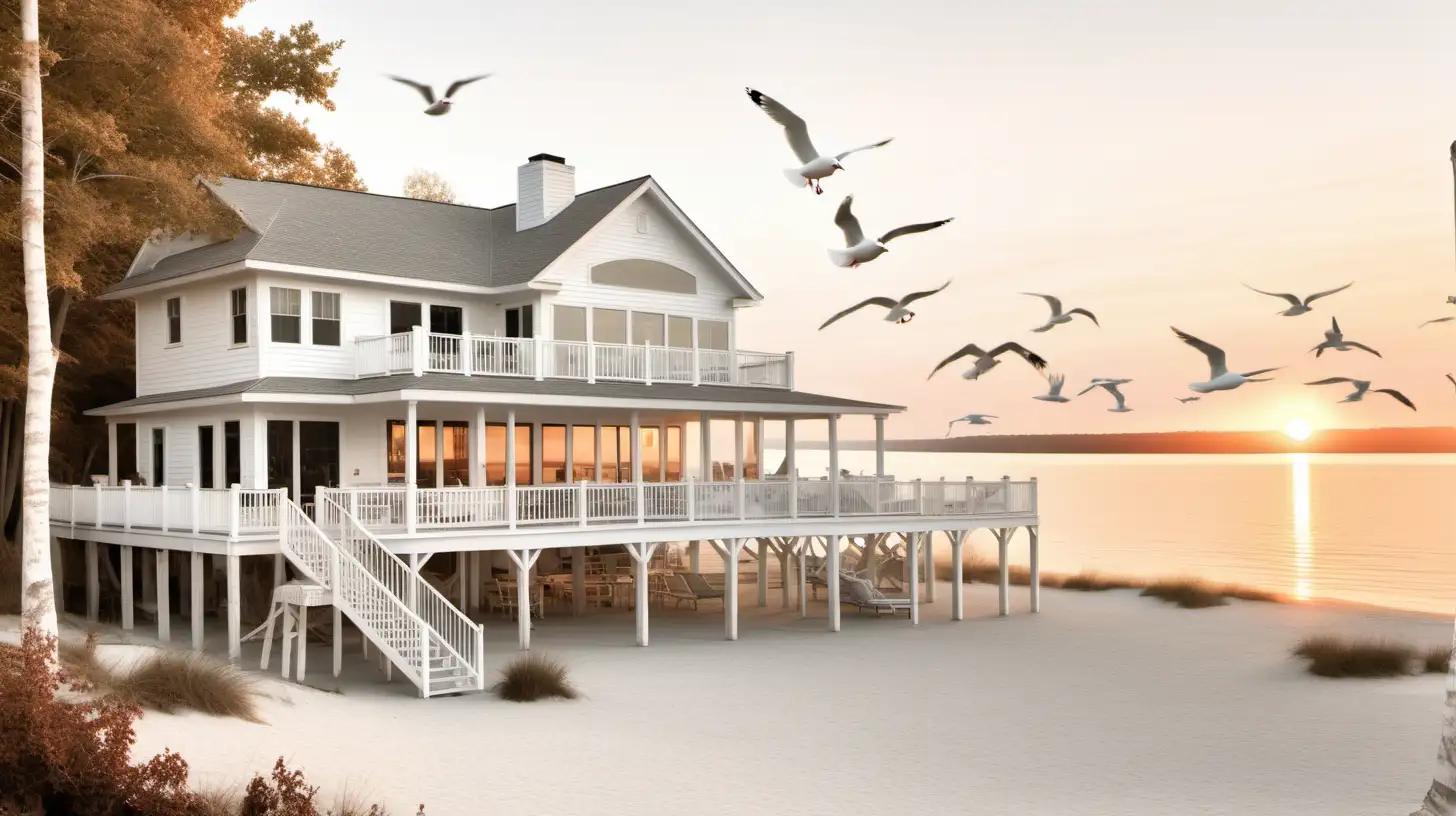A white washed lakehouse with a wrap around deck, trees, beach chairs, seagulls, Suring a sunset; small lines, no color
