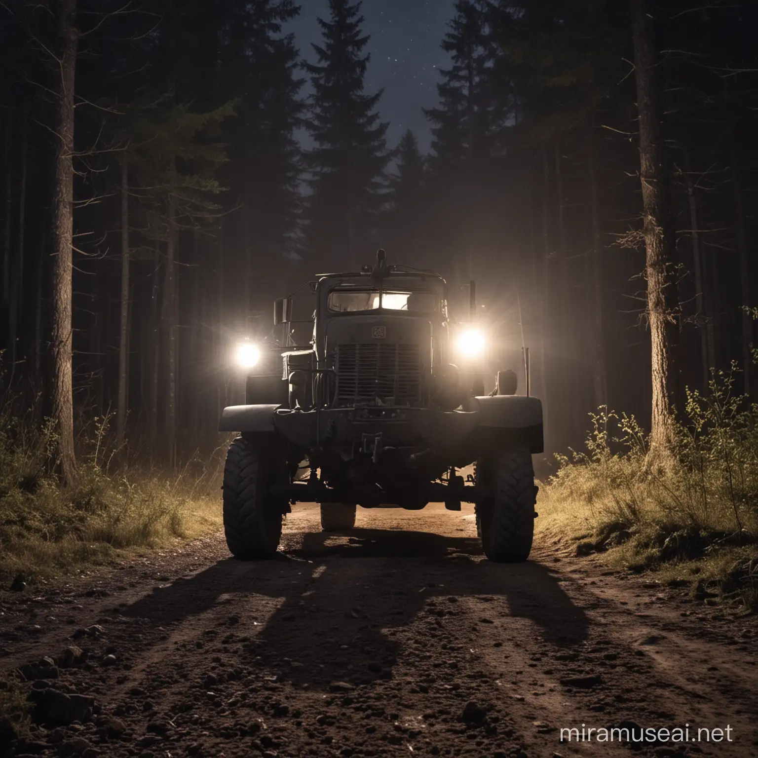 strong spotlights of truck at dark night in slovak forest 1944