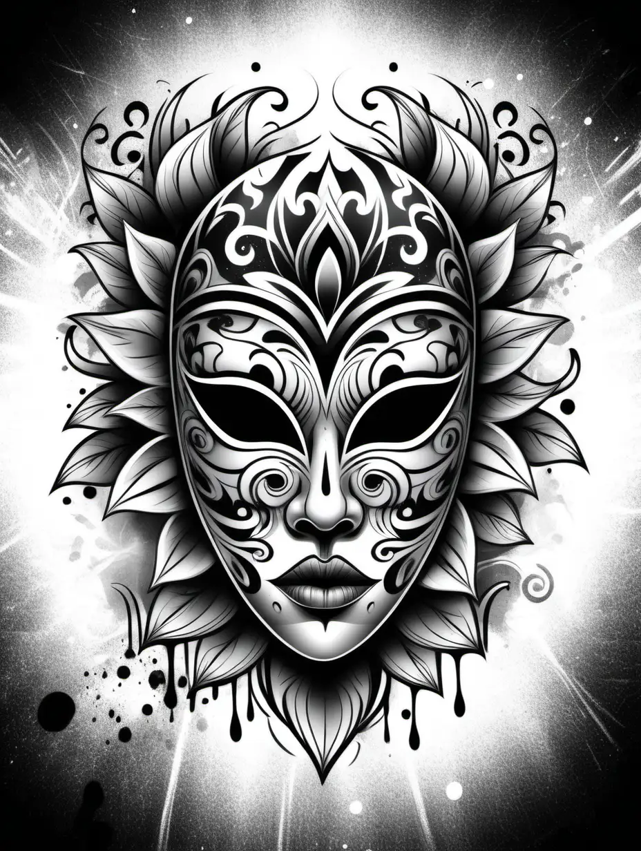 black and white background tattoo style graffiti style floral style doodle style scary drama mask