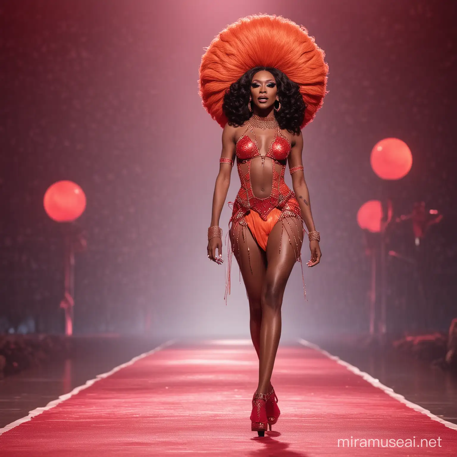 a full body image of a skinny african drag queen walking on the Rupaul's Drag race runway wearing an outfit inspired by the prompt: bloodmoon beauty