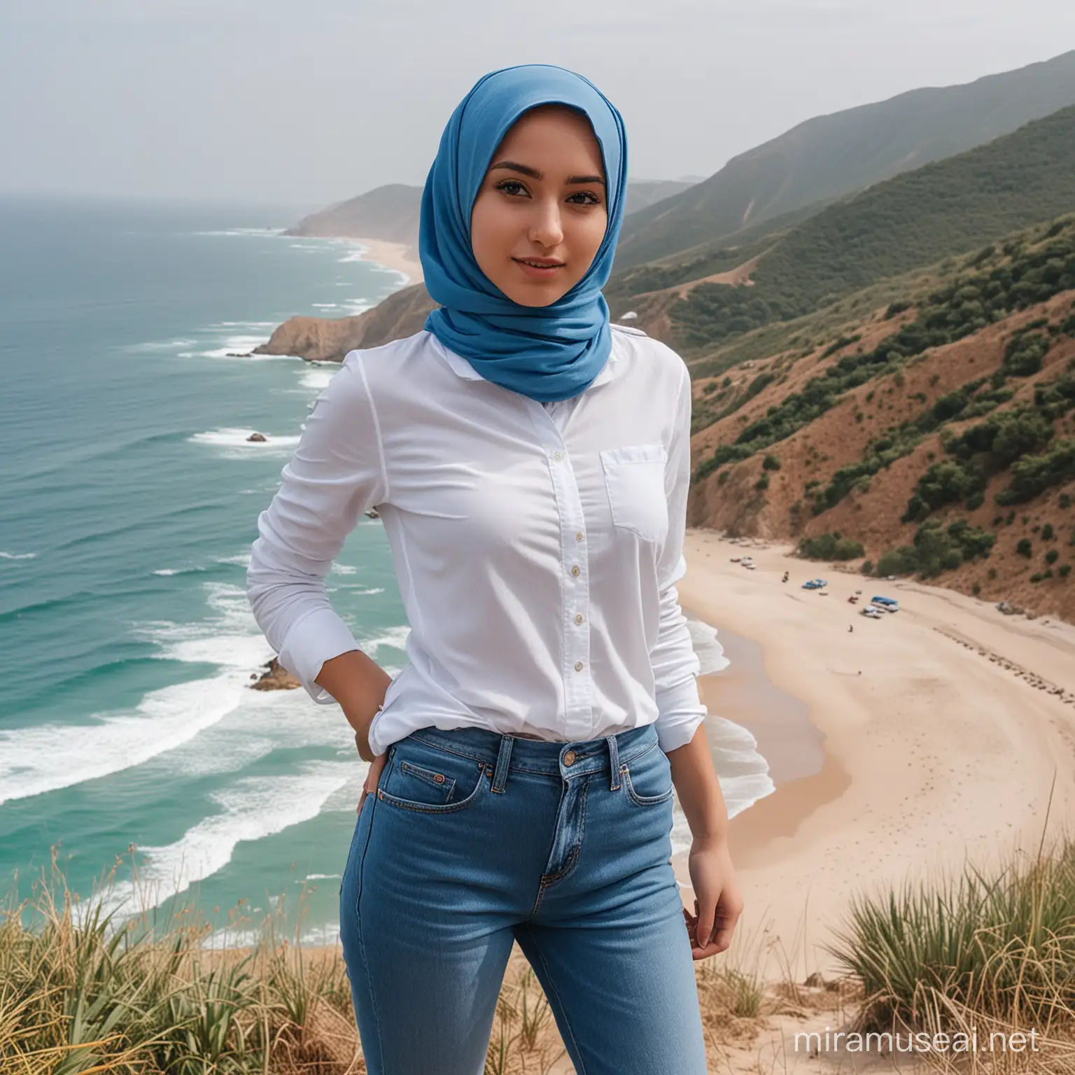Young Woman in Blue Hijab Overlooking Serene Beach from Hilltop