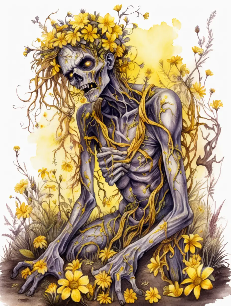 fantasy decomposing zombie covered in yellow musk flowers and vines coming out of the ground, dark watercolor drawing, no background
