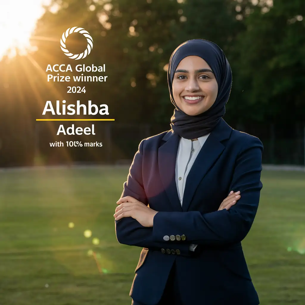 ACCA global prize winner 2024 WITH 1OO% MARKS IS alishba adeel, write it on a natural positive background
