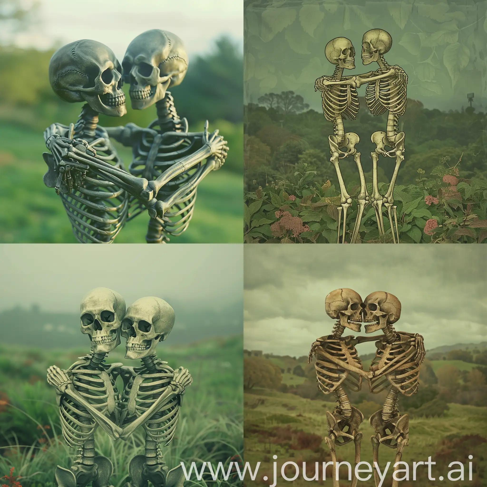 Two skeletons stood hugging each other in the middle of a green field.