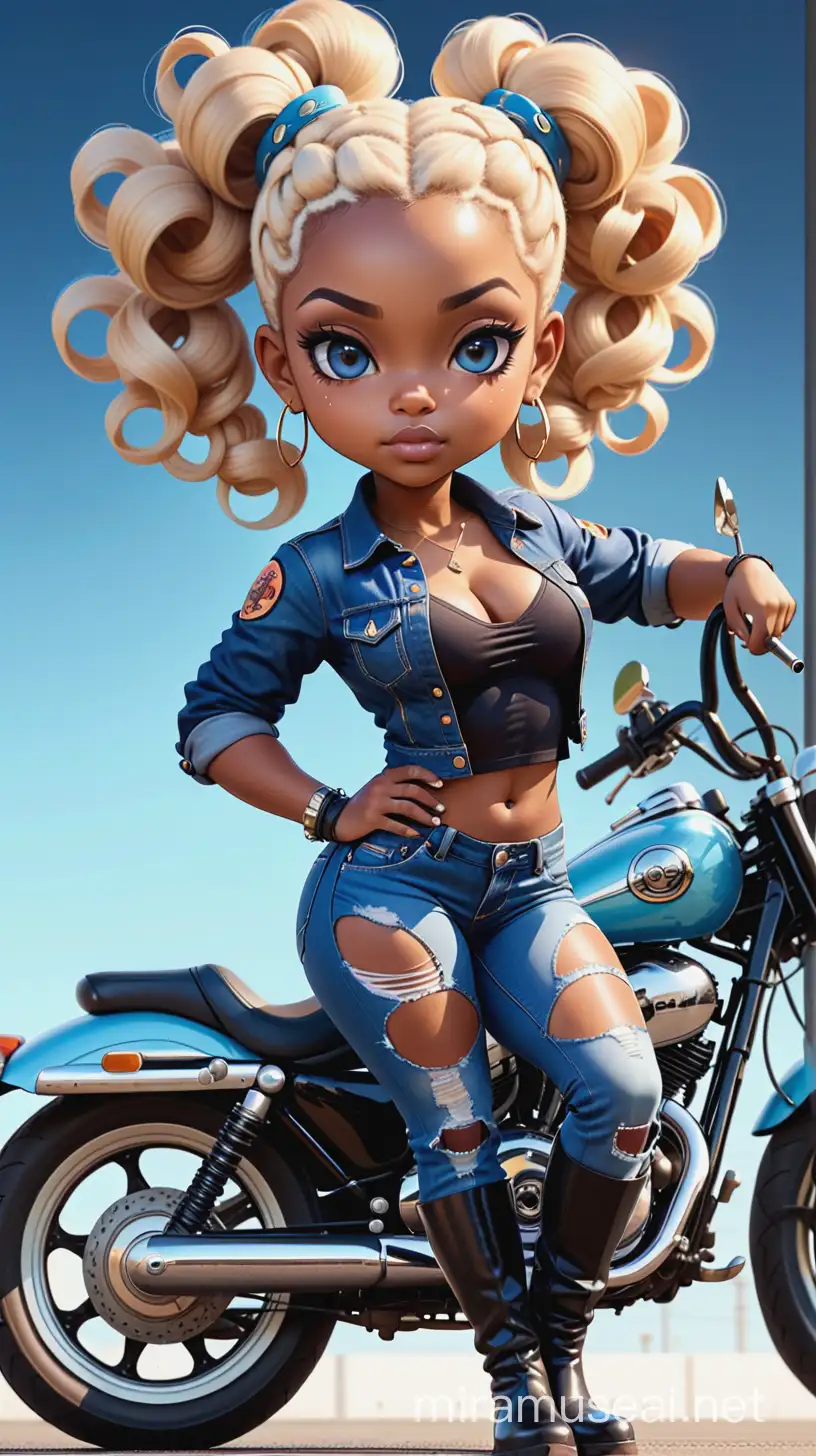 create a double exposure illustration of the chibi cartoon character, a voluptuous black female in a blue jean outfit with biker boots. Her prominent makeup and hazel eyes, along with her detailed platinum blonde bantu knots, are featured in this image, set against the background of a lively bike show.