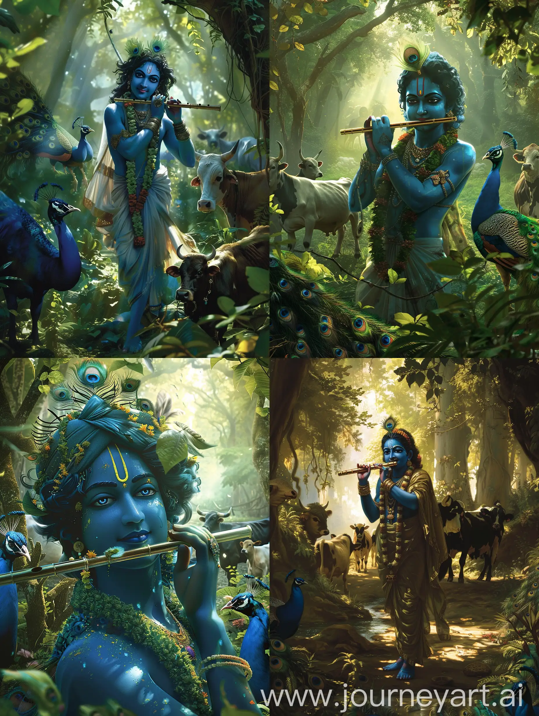 Shree Krishna, the blue-skinned deity, stands in a lush forest clearing, surrounded by peacocks and cows. His flute rests against his lips, and his eyes twinkle with divine mischief. Sunlight filters through the canopy, casting dappled shadows on his serene face.