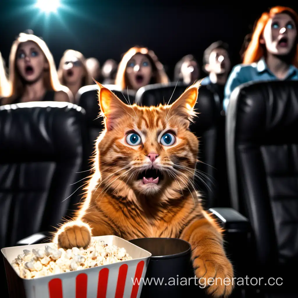 Scared orange cat watches horror movie at the movie theatre