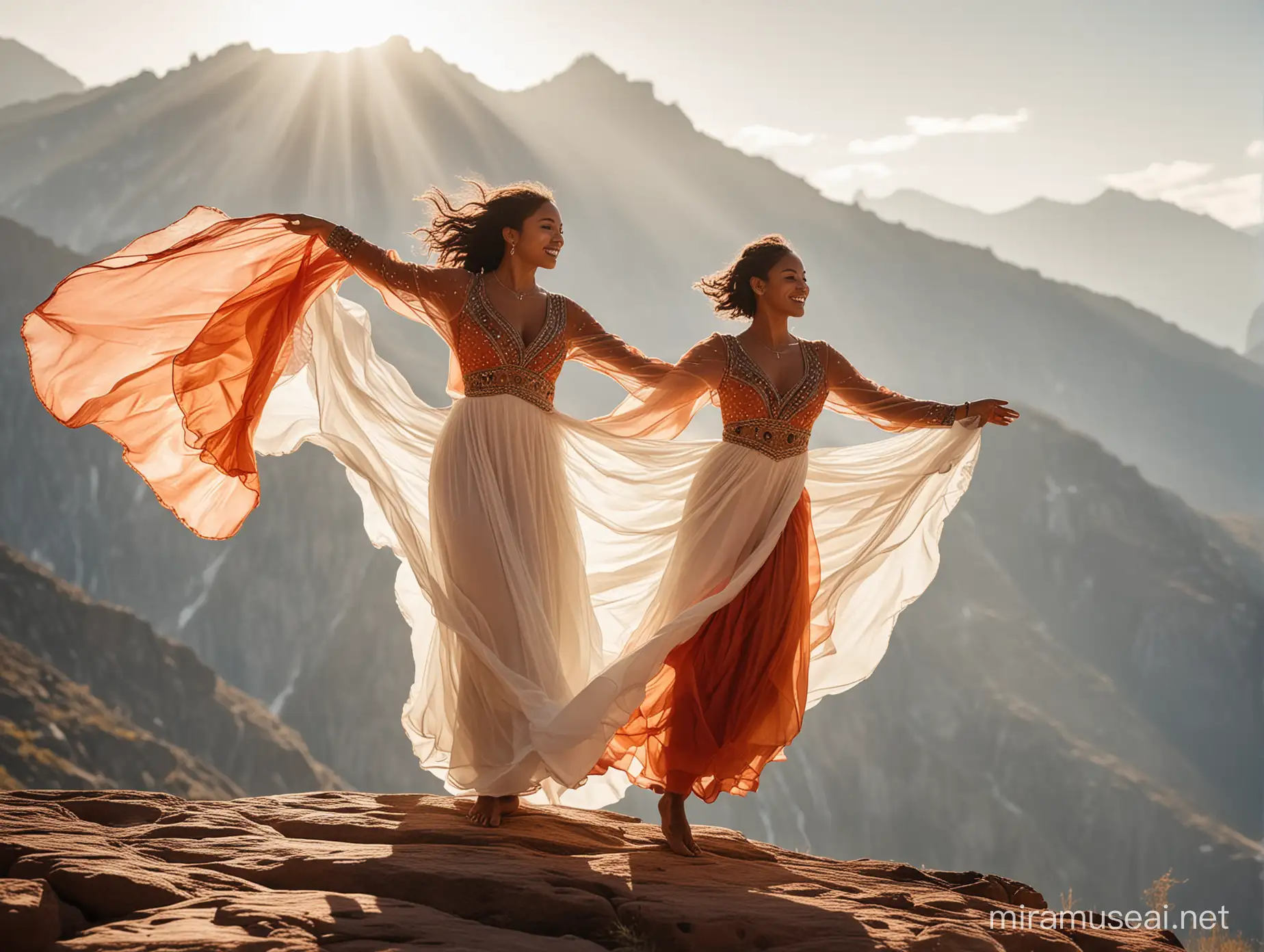 brown skinned praise dancer. she's wearing a colorful chiffon layered dress with long sleeves. she is dancing on a mountain top. there are 4 other dancers running towards her excitedly with white long flags in their hands. the main dancer is holding a long white cloth in her hands billowing in the wind. beams if sunlight illuminates her. 
